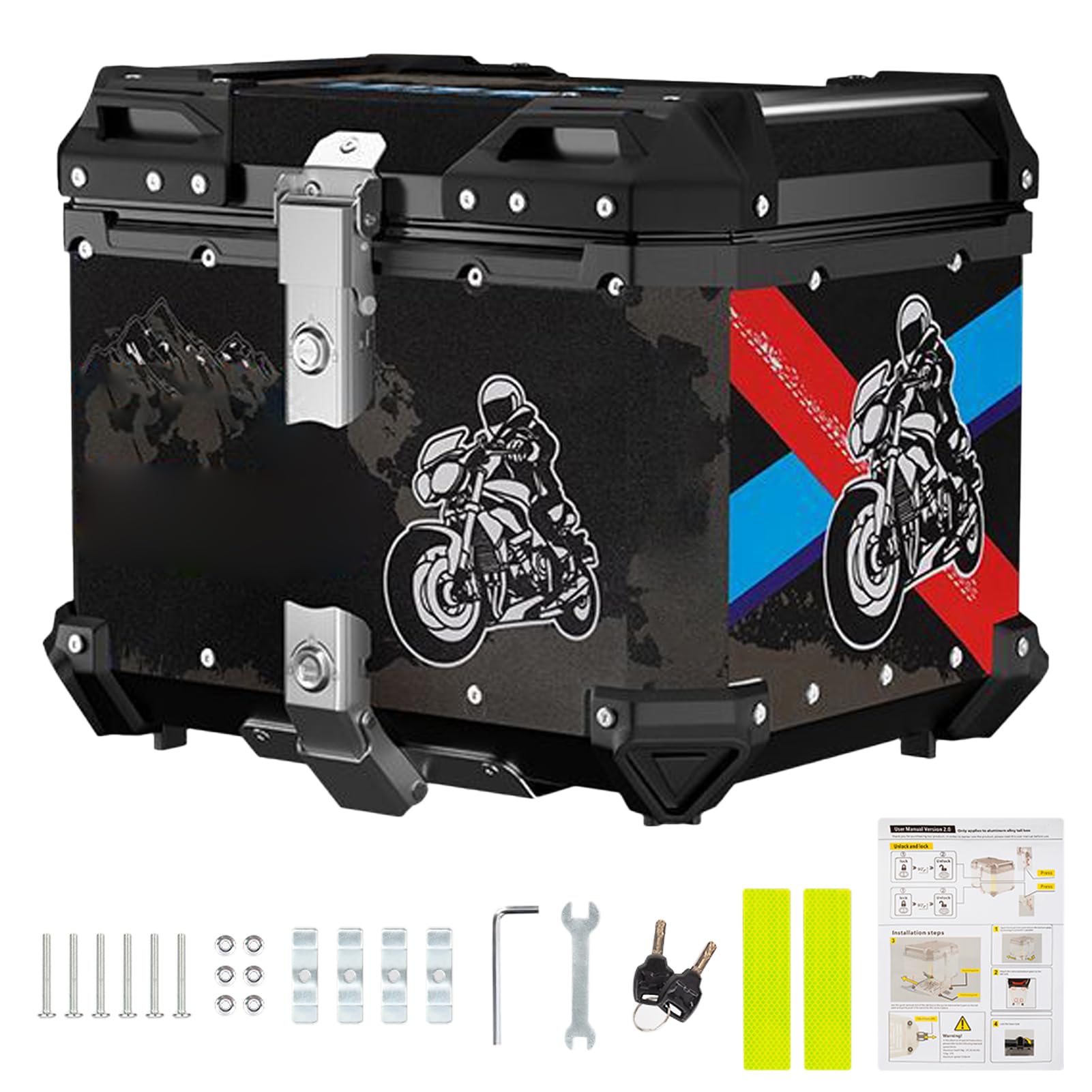 Qqmora Skrzynia Ogonowa Motocykla ze Stopu Aluminium 65L, Trwała Walizka Bagażowa do Przechowywania z Tyłu na Wycieczki, Wyściółka Odporna na Wstrząsy, dla Entuzjastów Motocykli