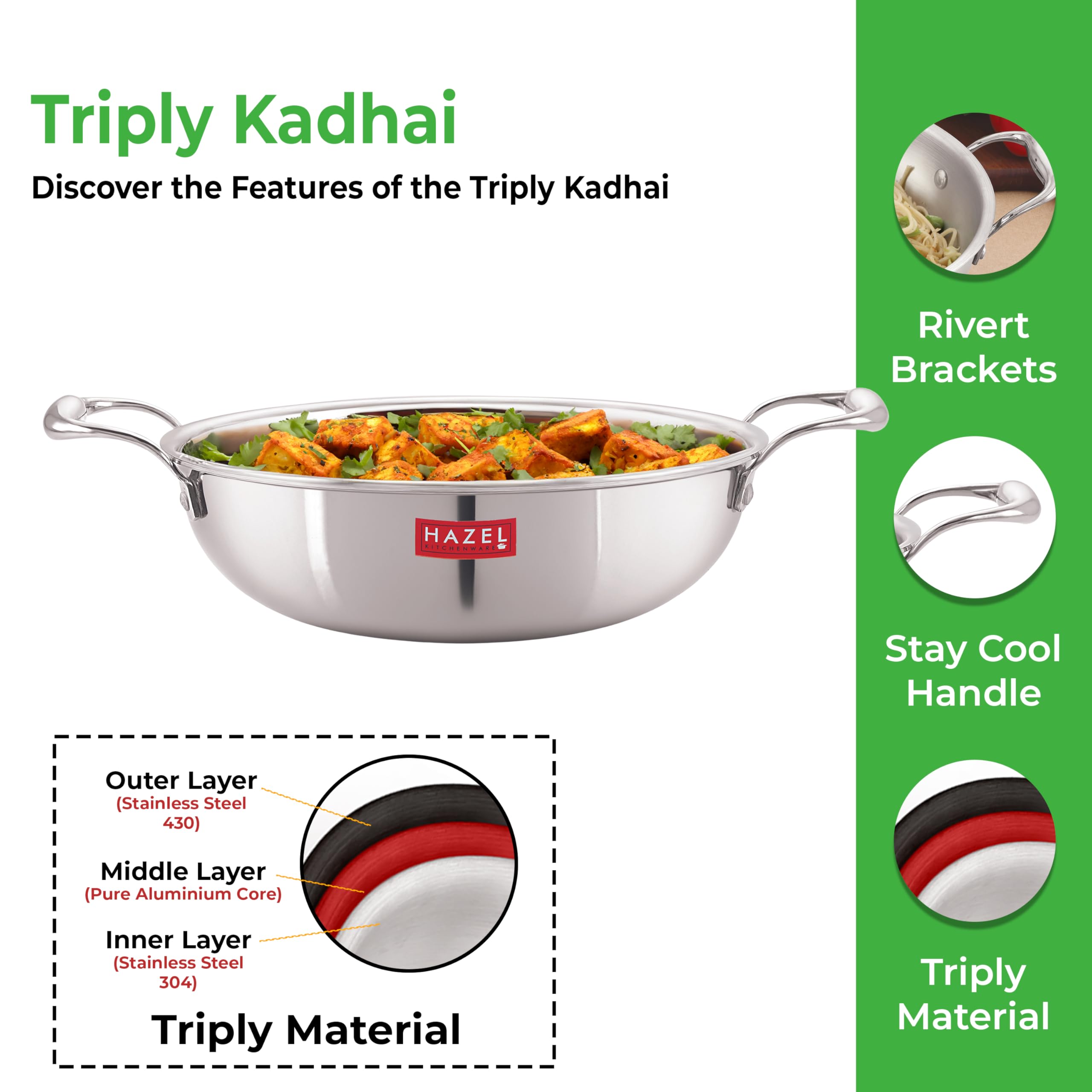 HAZEL Triply Stainless Steel Induction Bottom Kadhai with Stainless Steel Lid, 2 Litre, 22.5 cm - Image 4 thumbnail