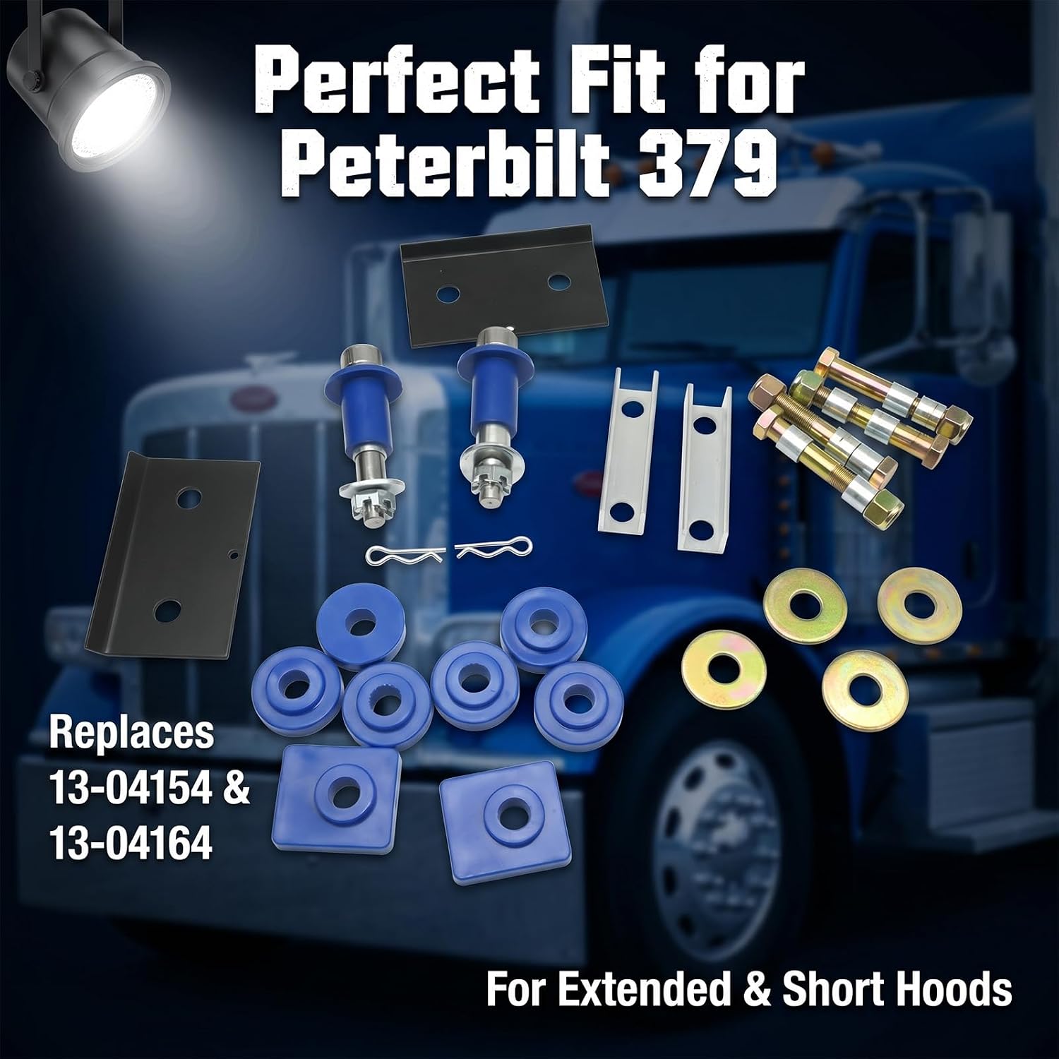 Engine Hood Hinge Pivot Bolt and Bushing Kit Replacement for Peterbilt 378 379, Replaces 13-04154, 13-04164, Includes Hood Bumper and Roller Bushings