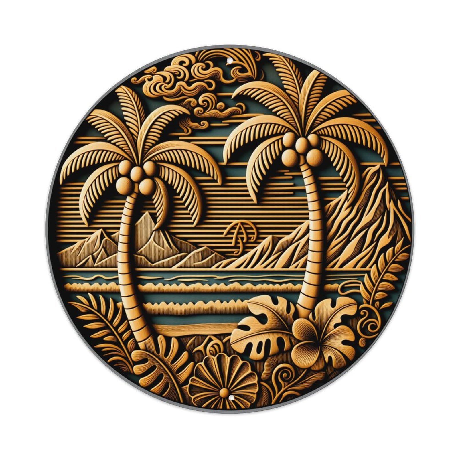 Tropical Palm Landscape Design Round Tin Sign Vintage Metal Poster Retro Bar, Home, Man Cave, Kitchen, Laundry Room Wall Art Decor Gift 8x8In