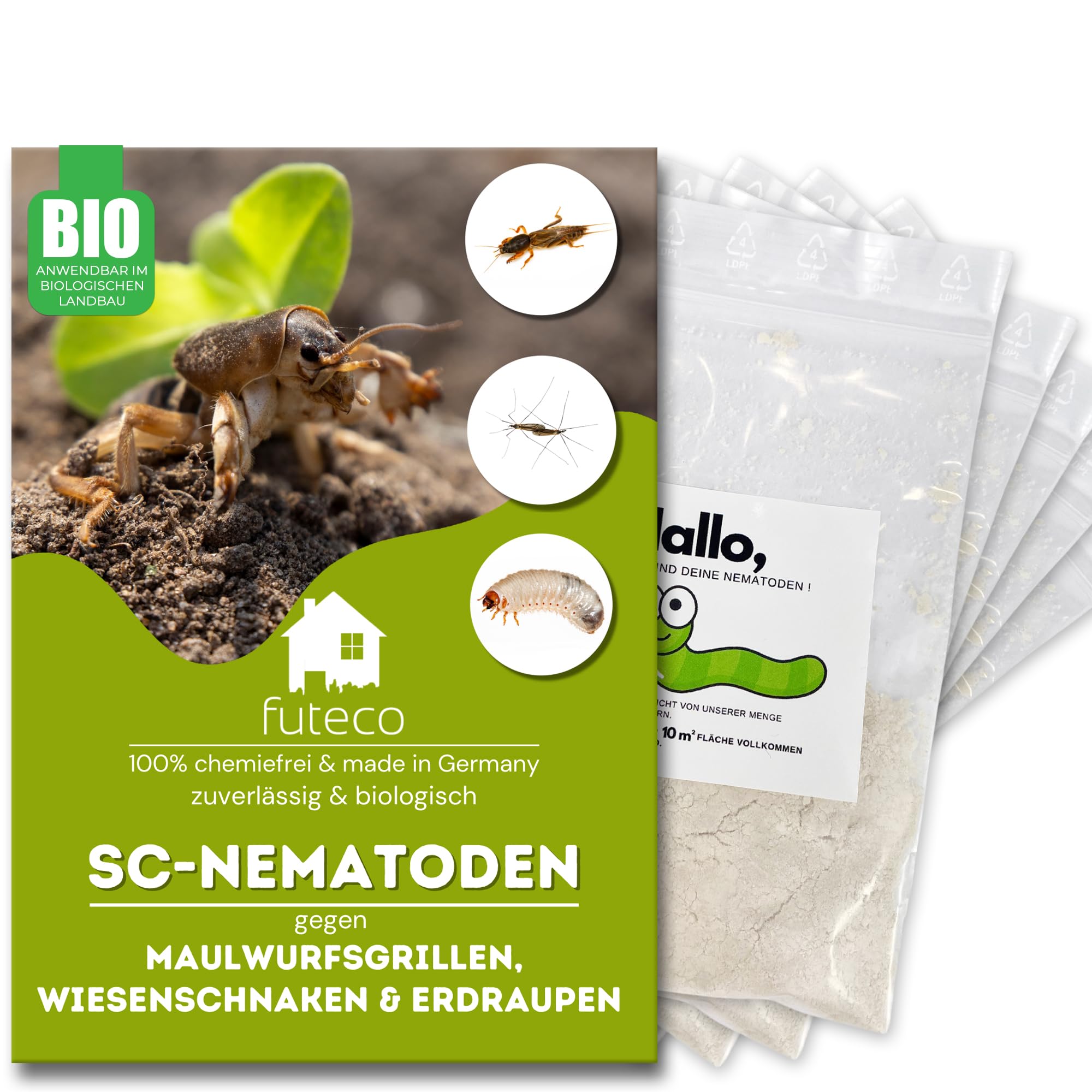 Futeco® – SC-Nematoden gegen Maulwurfsgrillen, Wiesenschnaken & Erdraupen – für 50m² – zum einfachen gießen
