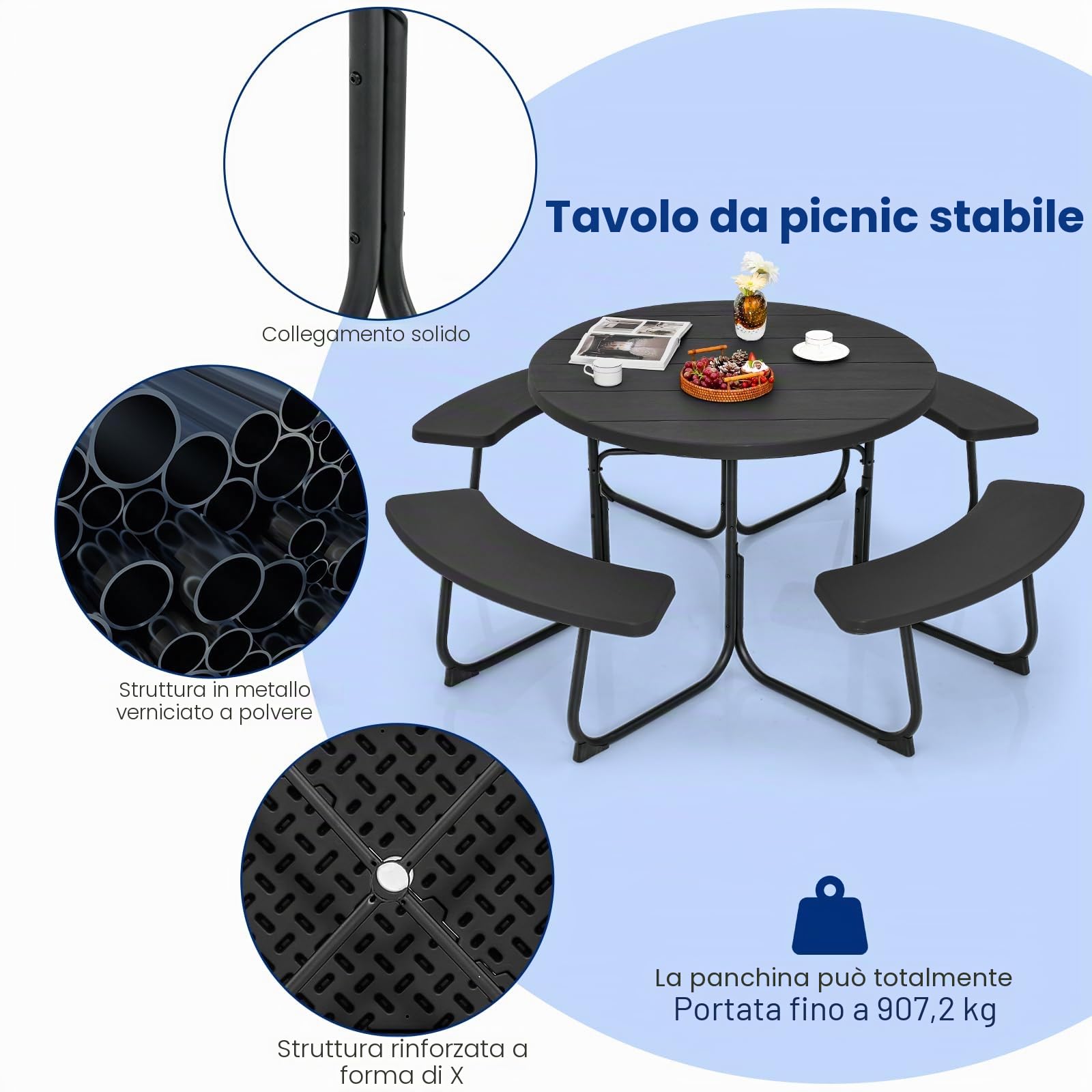 KOMFOTTEU Set di Tavolo da Picnic Rotondo per 8 Persone, Set di Sedie e Tavolo con Foro per Ombrellone, Mobili da Giardino con 4 Panche, in HDPE e Metallo, φ190 x 76 cm (Nero)