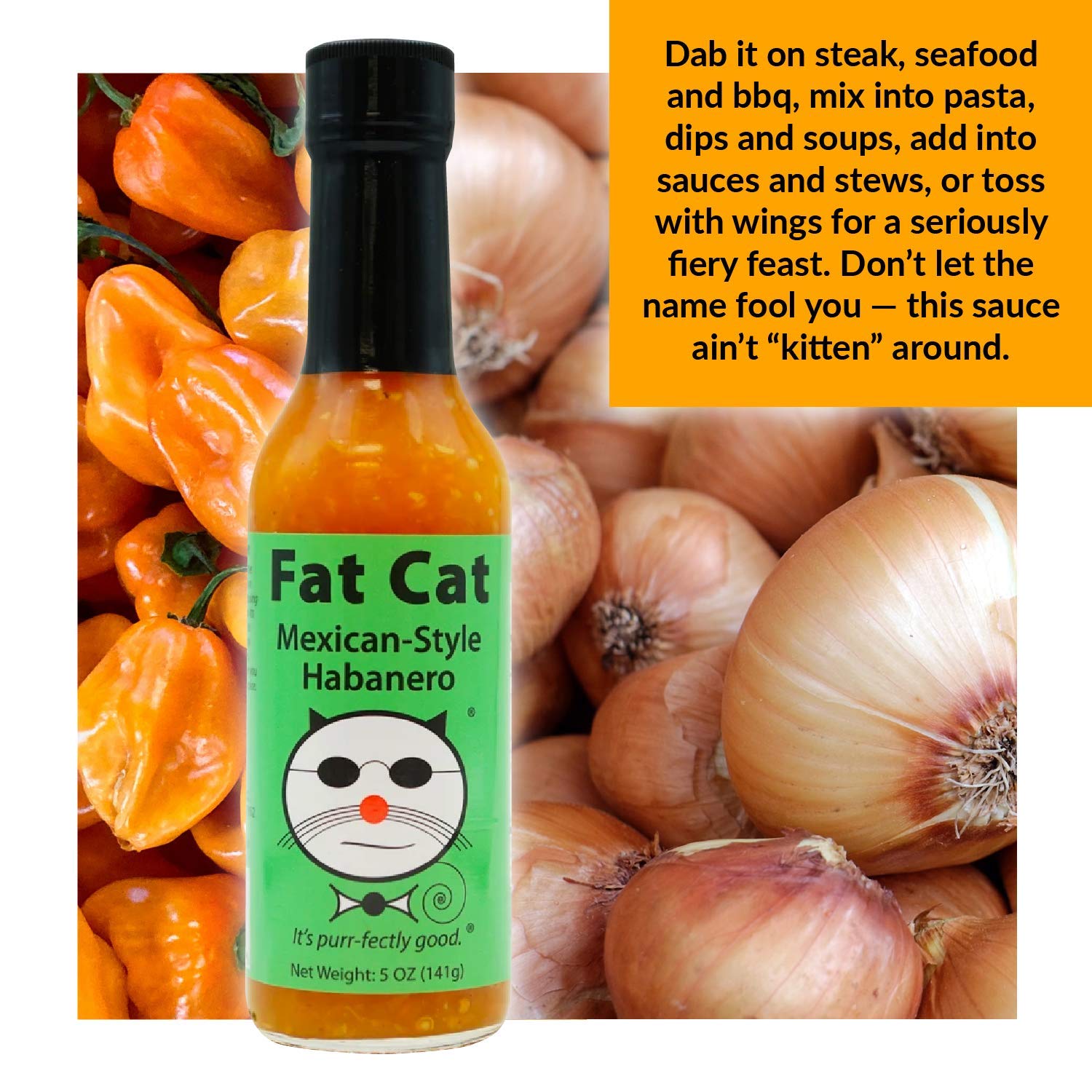 Mexican Style Habanero Hot Sauce by Fat Cat Gourmet | Sweet, Sour & Savory | For Tacos, Enchiladas, Fajitas, Bloody Mary | Hot | Natural, Gluten Free, Vegan & Keto Friendly | 3 Bottles