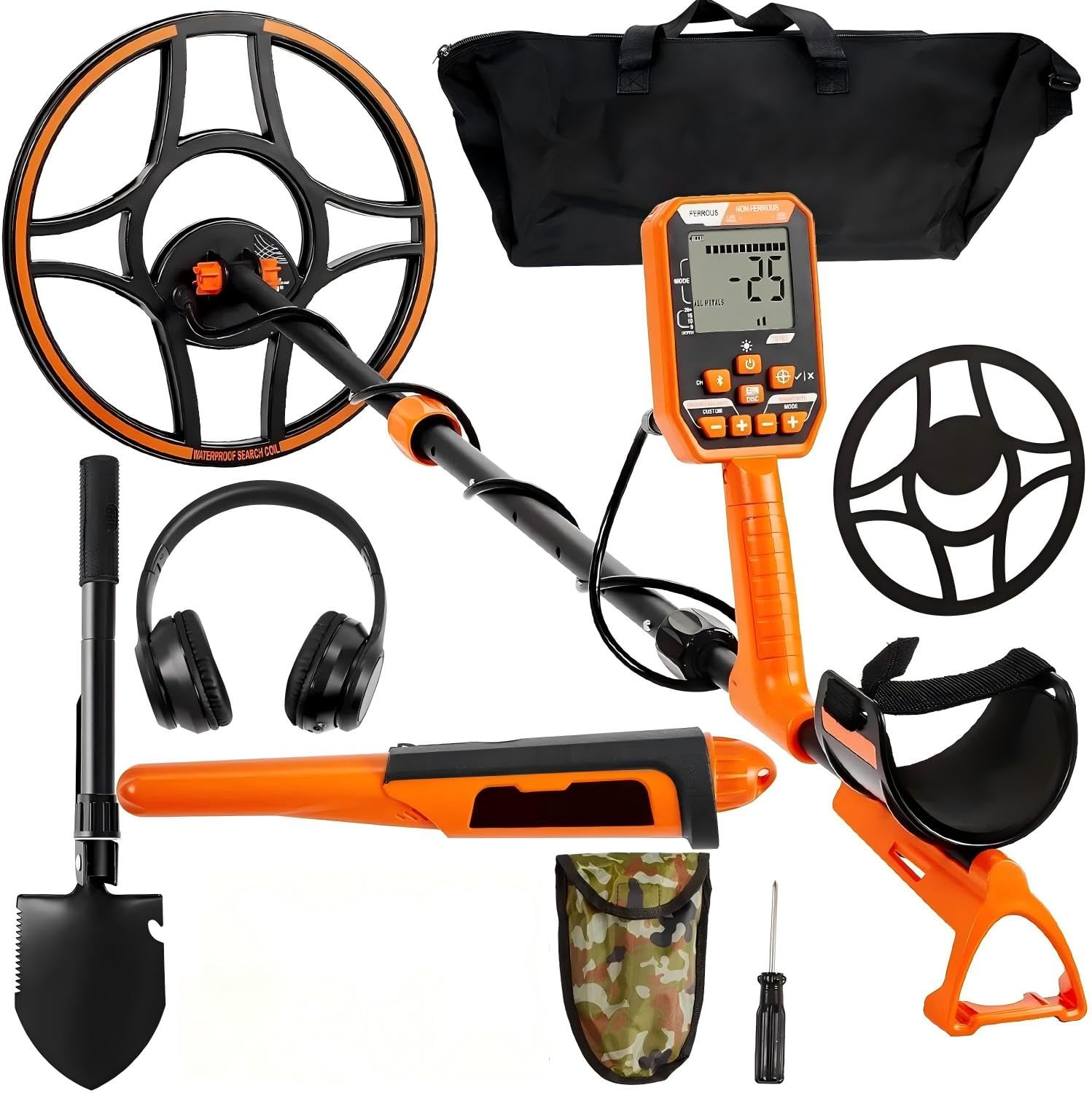 Detector de Metales Profesional Mango de 99-127 cm Detector Recargable Bobina de Búsqueda 30 cm Pantalla LCD IP68 Impermeable 7 Modos DSP Chip Auriculares Bluetooth para Búsqueda de Monedas Oro