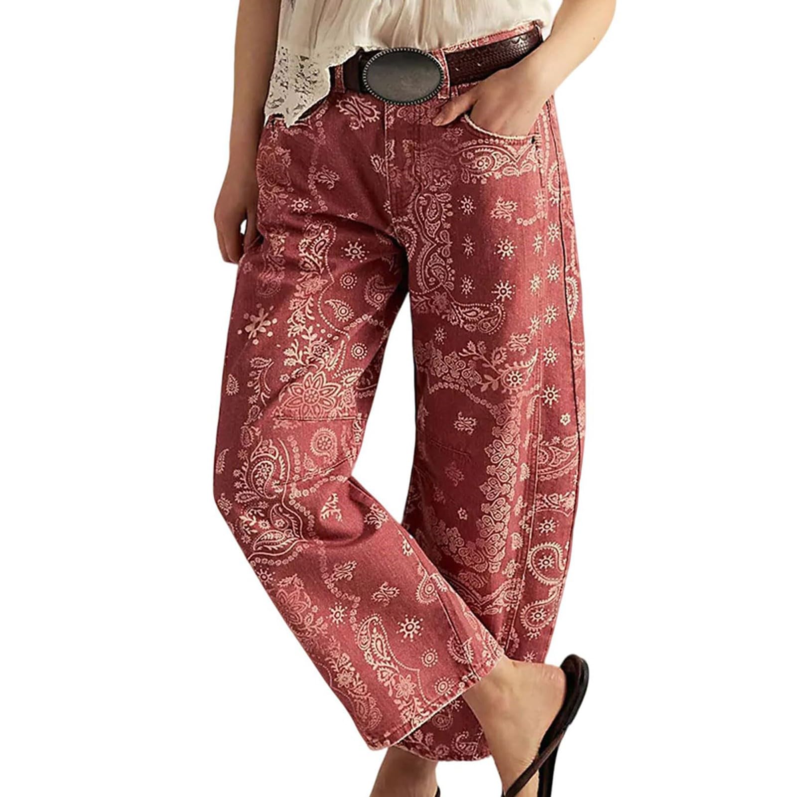 Womens Baggy Barrel Boyfriend Jeans Floral Print Denim Ankle Pants Wide Leg Flared Jeans Sweatpants Y2k Patchwork