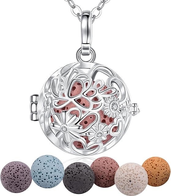 INFUSEU Aromatherapy Necklace, Silver Plated Women Fragrance Stone Necklace Classic Pendant Meditation Chain Mood Chain Lava Stone Diffuser Women Jewelry