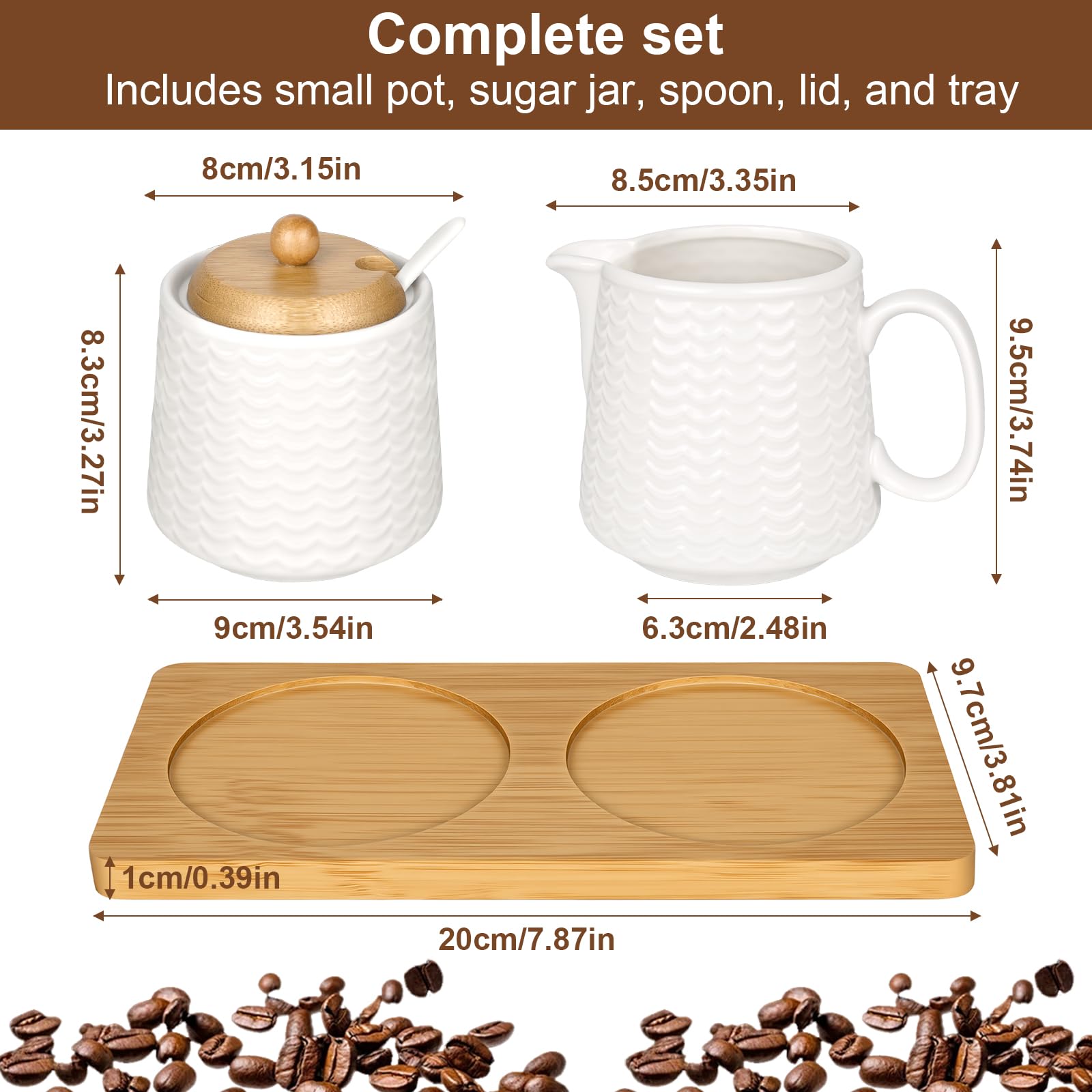 Set per latte e zucchero con coperchio e cucchiaio, bricco per latte in ceramica bianca e zuccheriera con vassoio in legno, lavabile in lavastoviglie e adatto al microonde