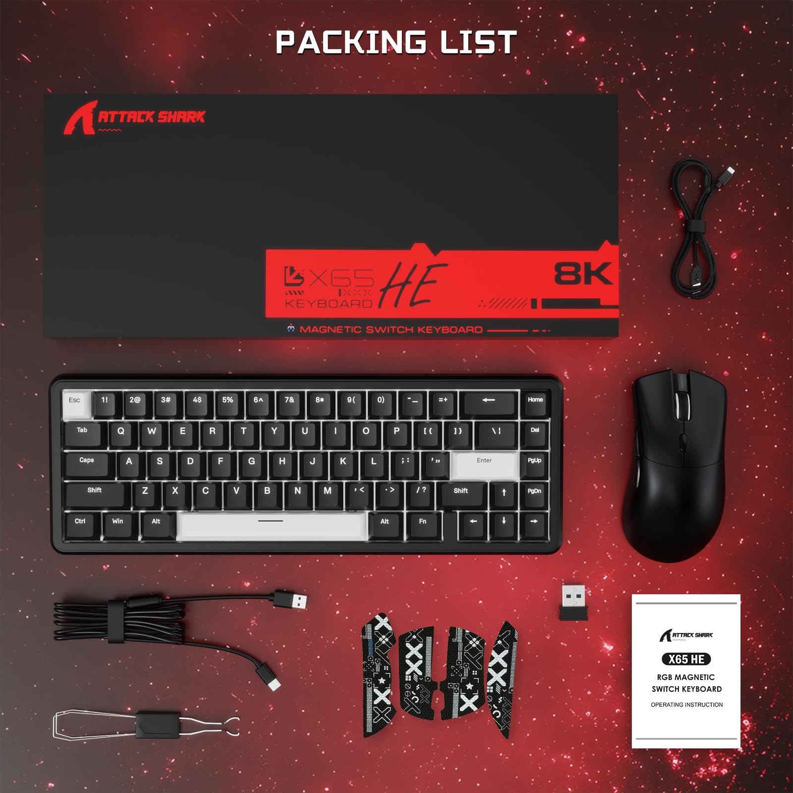 ATTACK SHARK Combo Tastiera & Mouse Gaming, X65 HE Tastiera Magnetica Cablate e R1 Mouse Wireless 59g Superleggero (8000Hz, RT 0,01mm, RGB, Batteria 65h) - Nero
