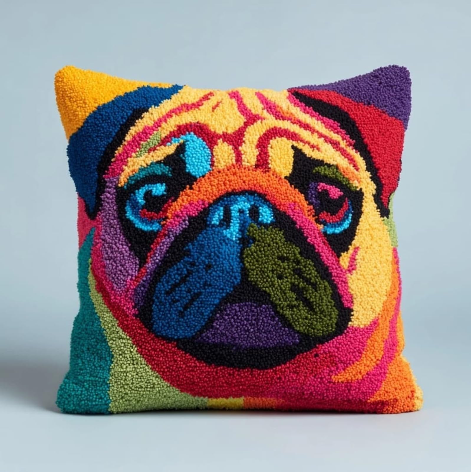 AxiangziK DIY Latch Hook Cushion Kit for Adults,Pugs,Dogs 17x17in Complete Pillow Cover Craft Set with Tool & Pre-Cut Yarn,Handmade Home Decor for Sofa