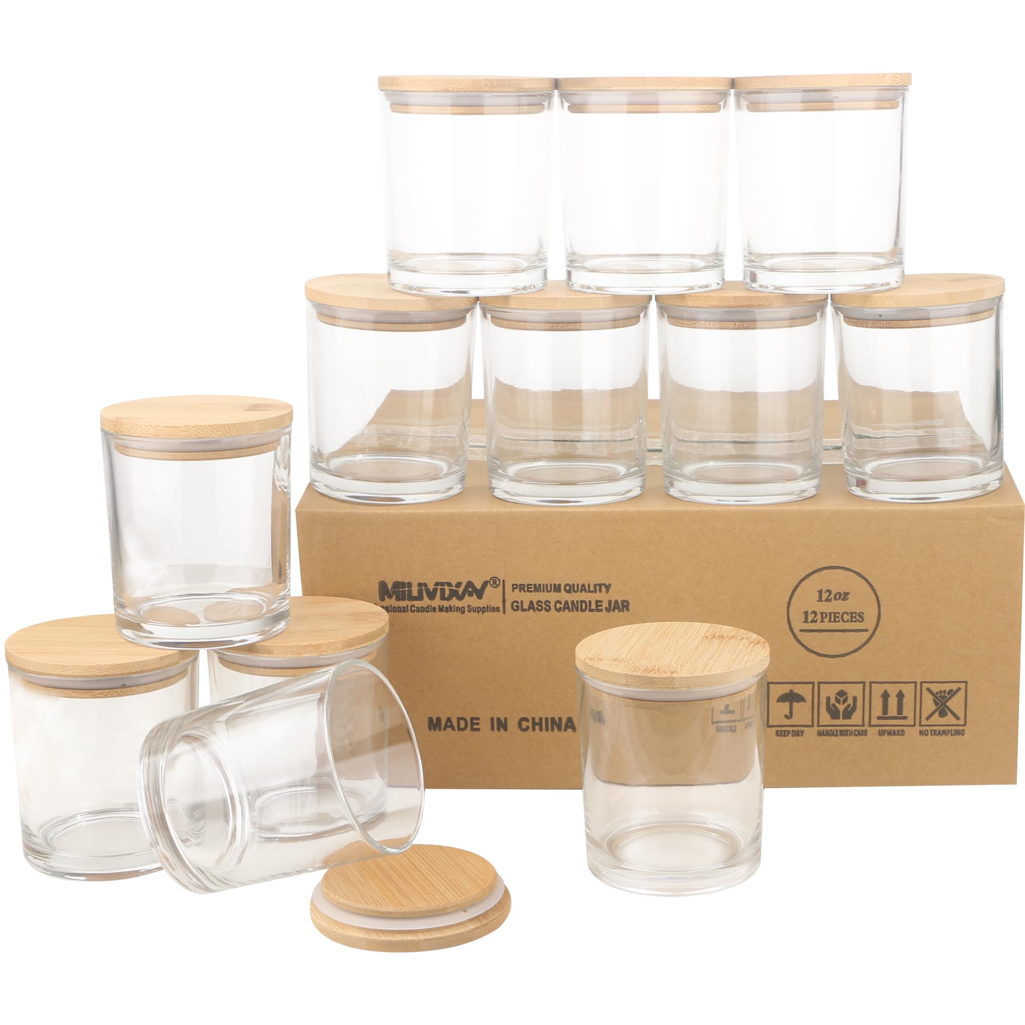 MILIVIXAY 12Pack 12 OZ Clear Thick Glass Candle Jars with Lids - Bulk Empty Candle Jar for Making Candles - Spice, Powder Containers.