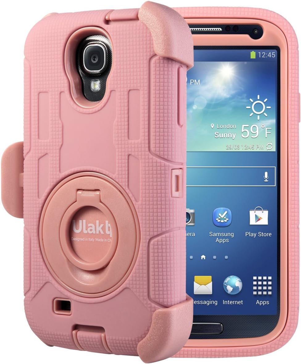 ULAK Galaxy S4 Case, S4 Case - Shockproof Hybrid Rugged Rubber Holster Case Cover for Samsung Galaxy S4 IV i9500 w/ Swivel Locking Belt Clip Kickstand- Rose Gold