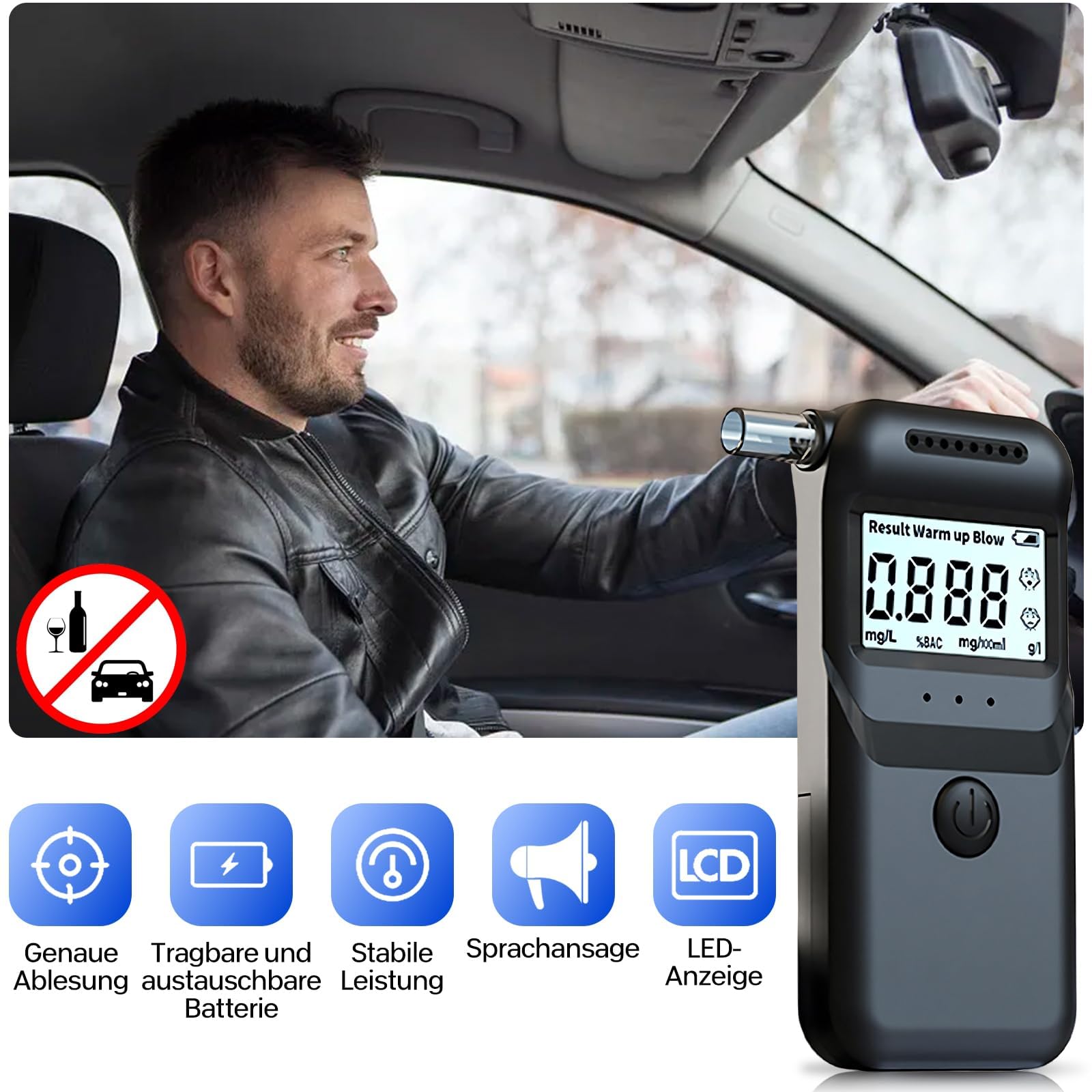 Éthylotest Électronique Précis – Écran LCD Bleu + 10 Embouts, Test Alcool Portable