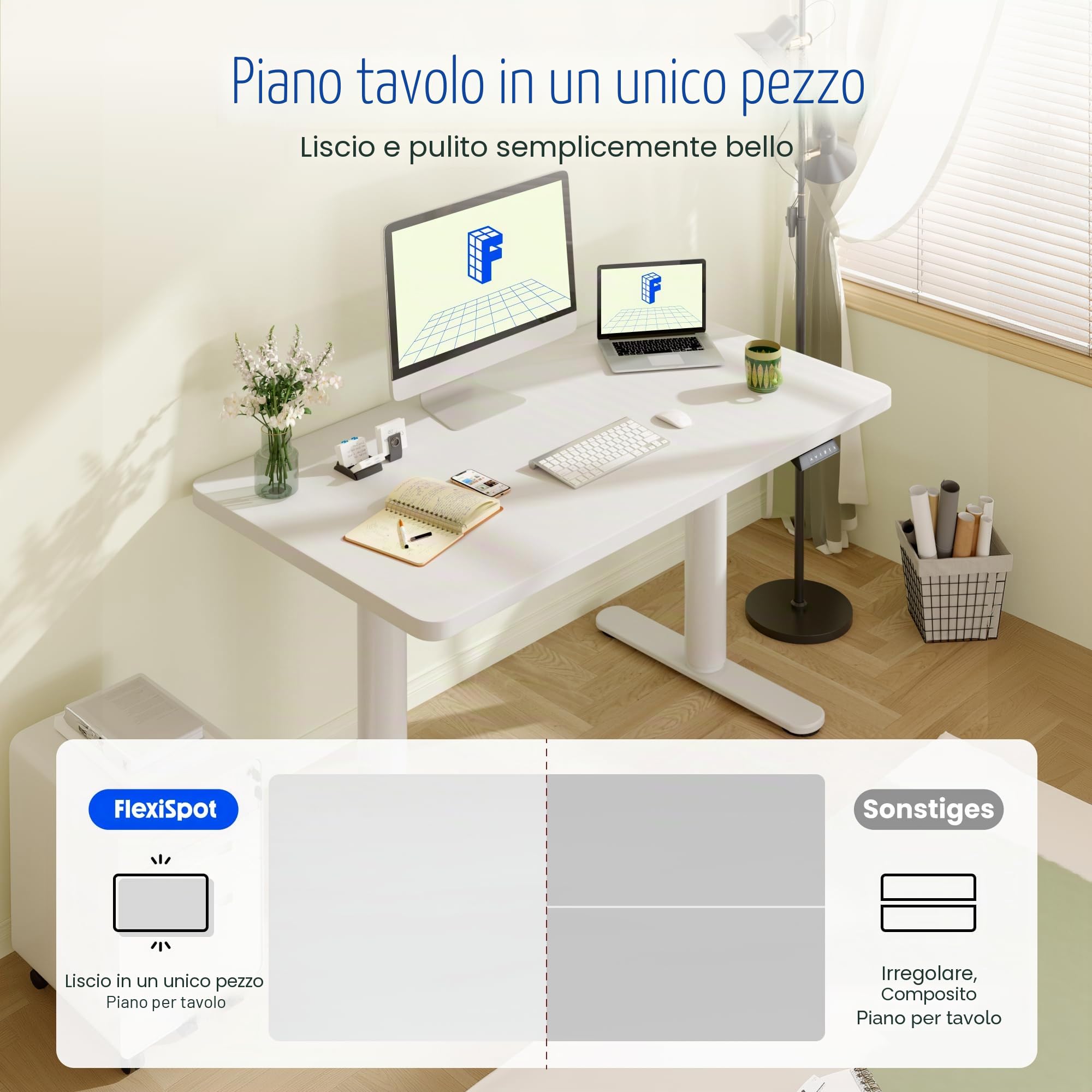 FLEXISPOT Scrivania regolabile in altezza (gambe rotonde) - Workdesk di design compatto 120 x 60 cm per ufficio domestico, piano di lavoro regolabile elettricamente con memoria e ascensore silenzioso