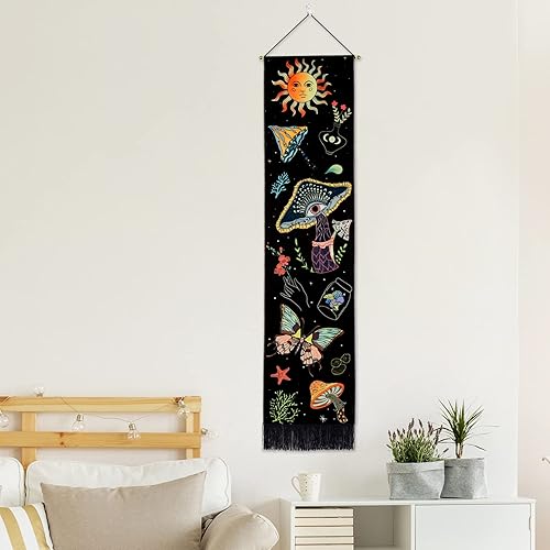 Racunbula Tapiz de hongos, luz negra, sol, luna, tapiz vertical floral de mariposa, galaxia y estrellas, tapiz hippie abstracto para colgar en la