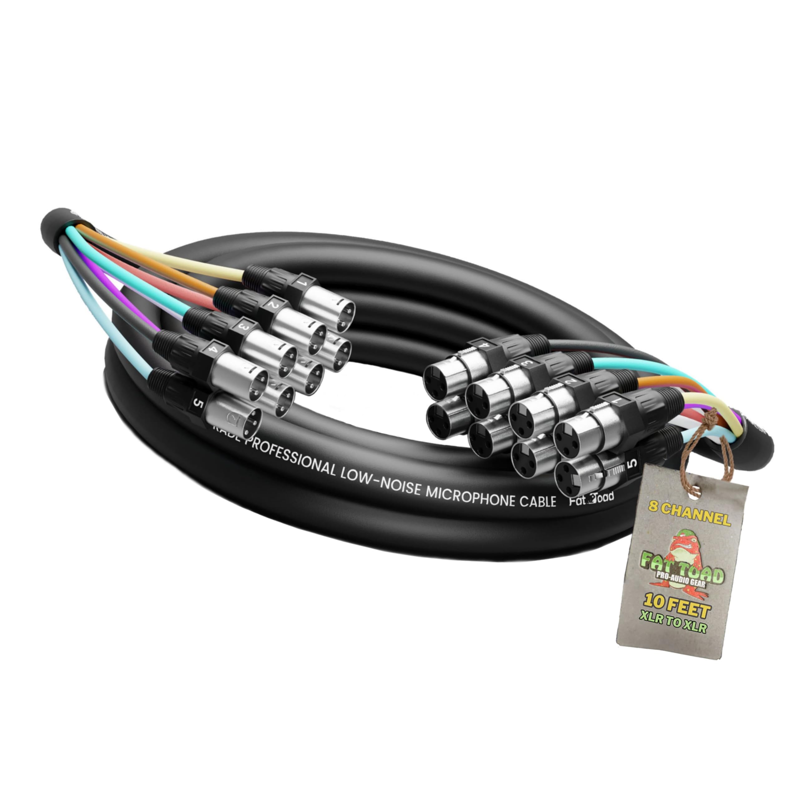 Fat Toad 8-Channel XLR Snake Cable 10FT (ShieldedPRO X Series) – Balanced Audio Patch Cord for Studio, Live Sound, Mic Interface, DJ Mixer & Amplifier Gear