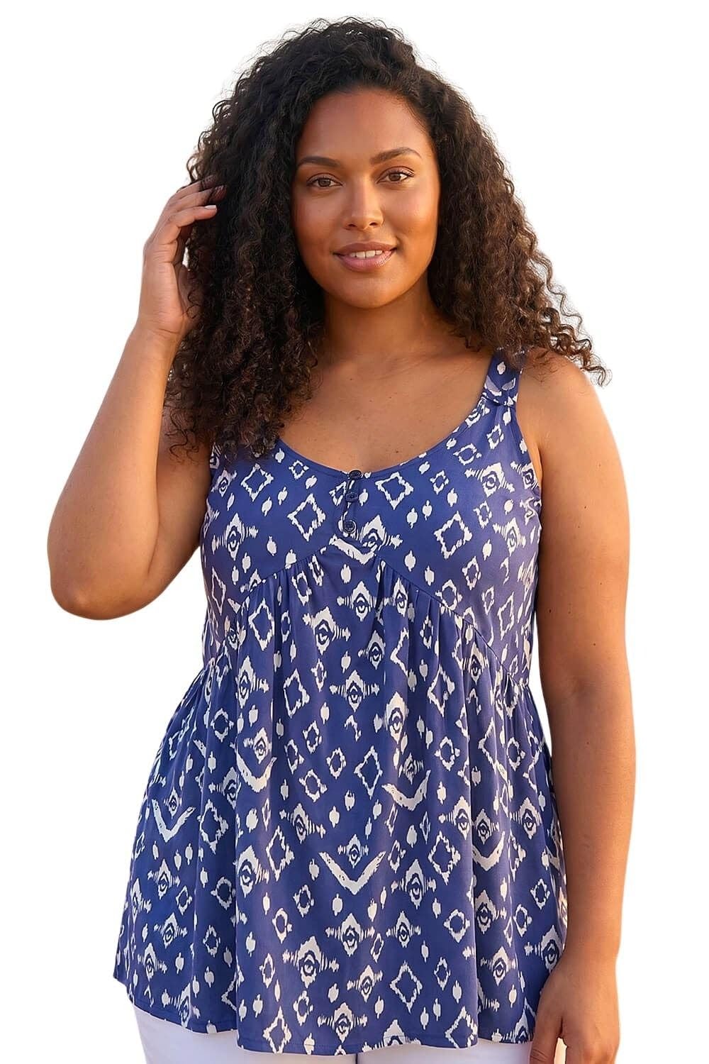 Roman Women's Curve Ikat Print Woven Vest Top in Navy | Size: 20