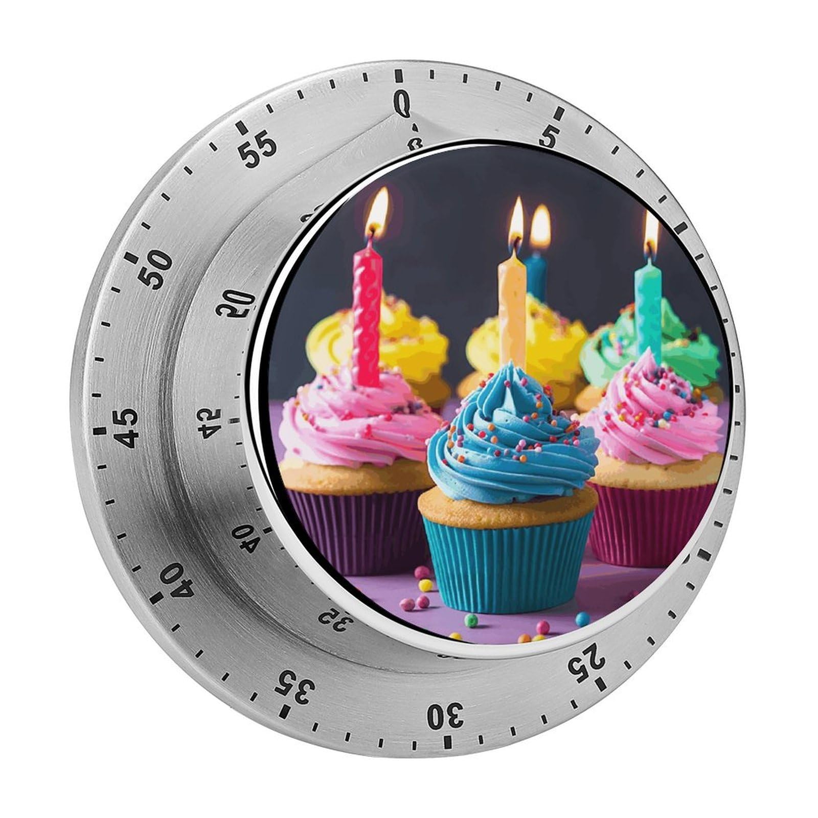 Colorful Happy Birthday Cupcakes Timer Exquisite Stainless Steel Body Mechanical Desk Timers 60 Minutes Visual Countdown Timers with Magnetic Backing Loud Alarm Kitchen Timer for Cooking