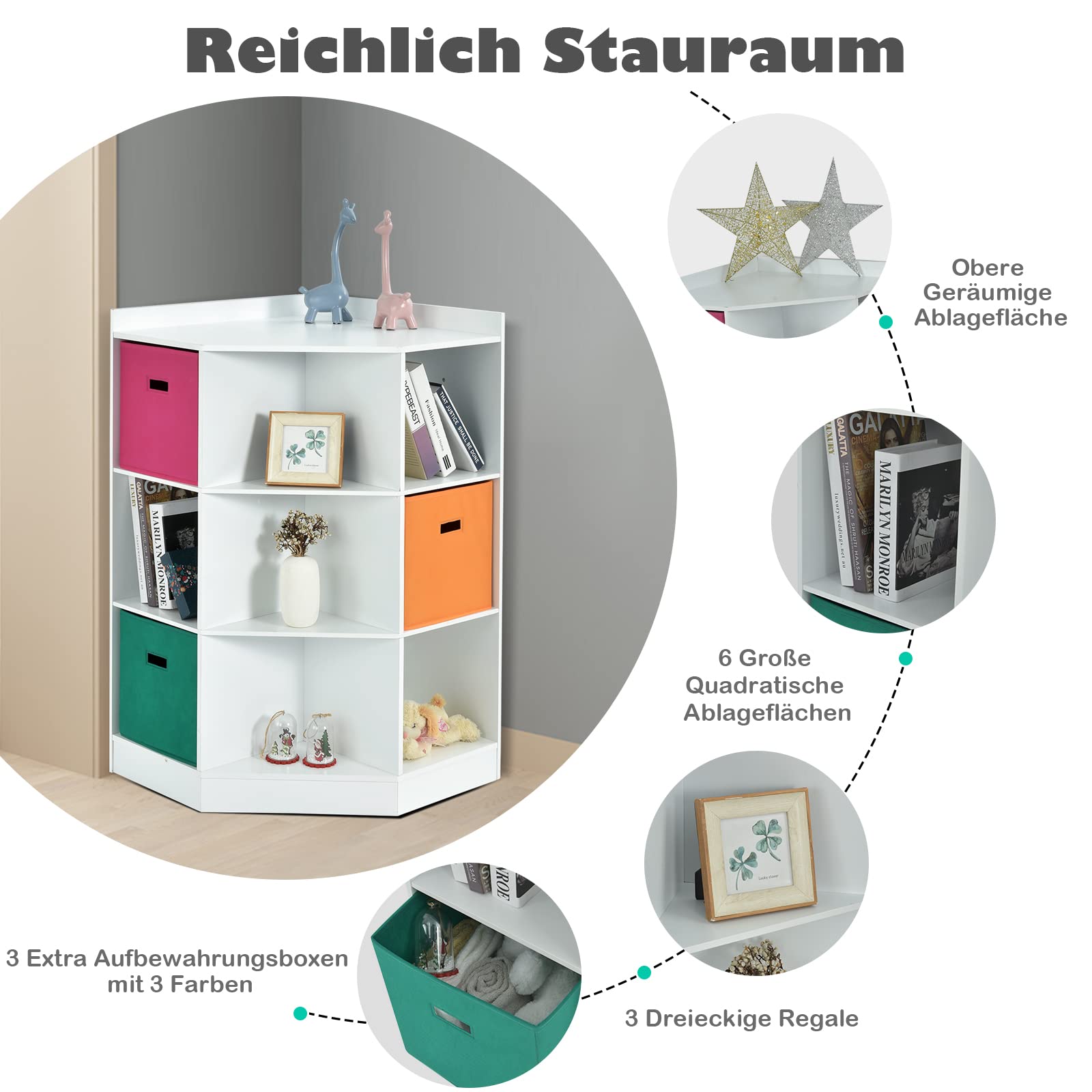 COSTWAY Bücherregal Kinder, 3-stöckiges Kinderregal mit 3 Boxen & 9 Fächern, Spielzeugregal Aufbewahrungsregal aus Holz für Kinderzimmer Schlafzimmer, 81 x 61 x 94cm (Weiß, 9 Fächer)