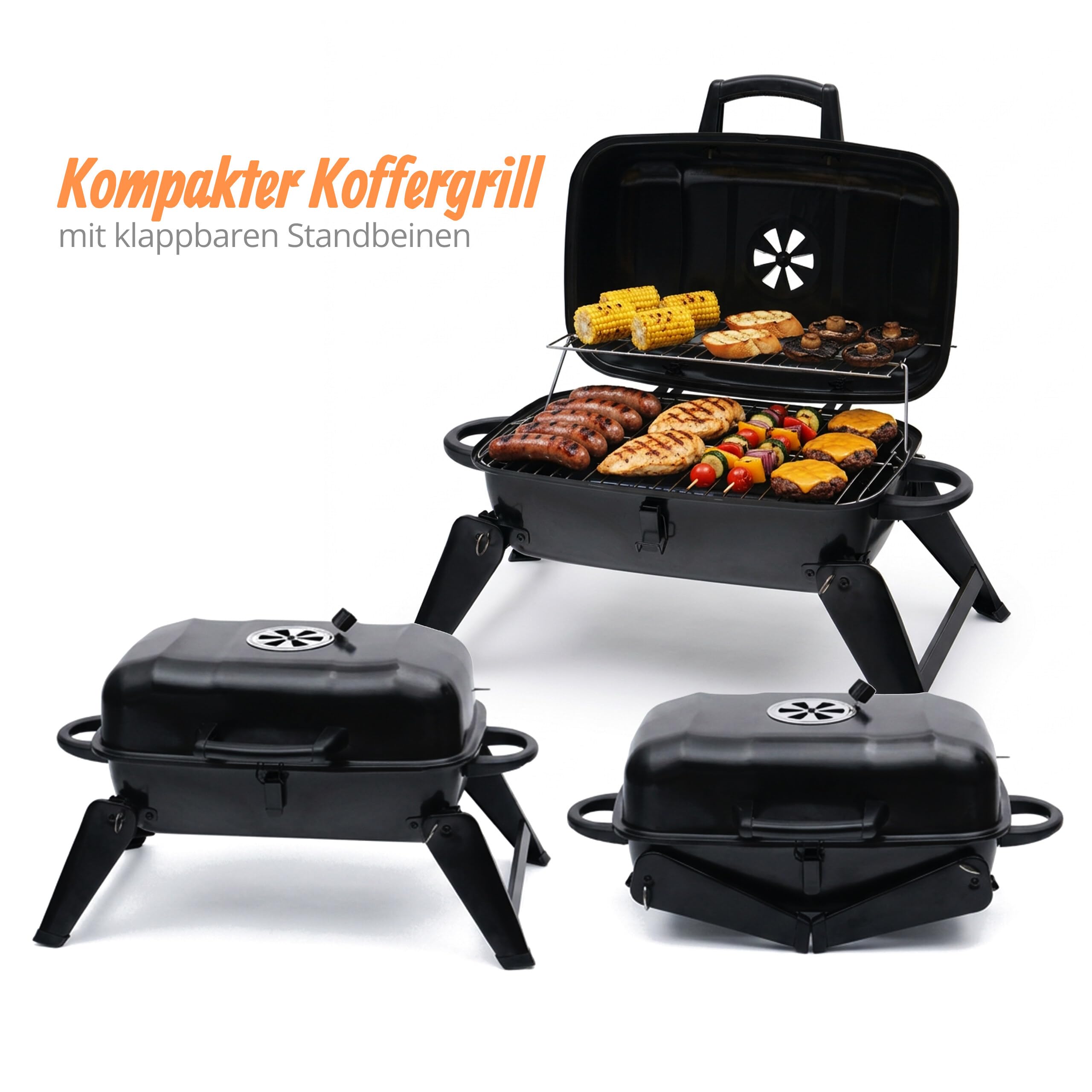 Relaxdays Tischgrill, tragbarer Klappgrill, HBT: 34 x 59 x 36 cm, Warmhalterost, Lüftung, Kohlegrill, Stahl, schwarz