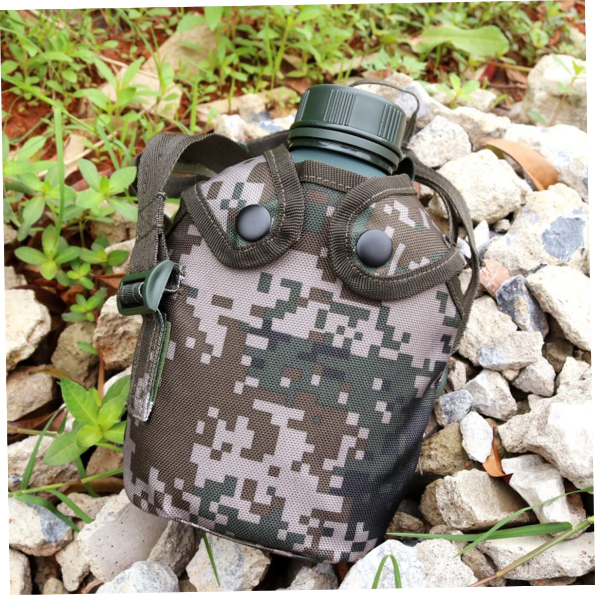 Borraccia Militare in Lega di Alluminio 1l Chiusura | Set 1 Pezzo, Custodia in Canvas Bottone a Pressione, Gancio Integrato per Viaggi e Outdoor