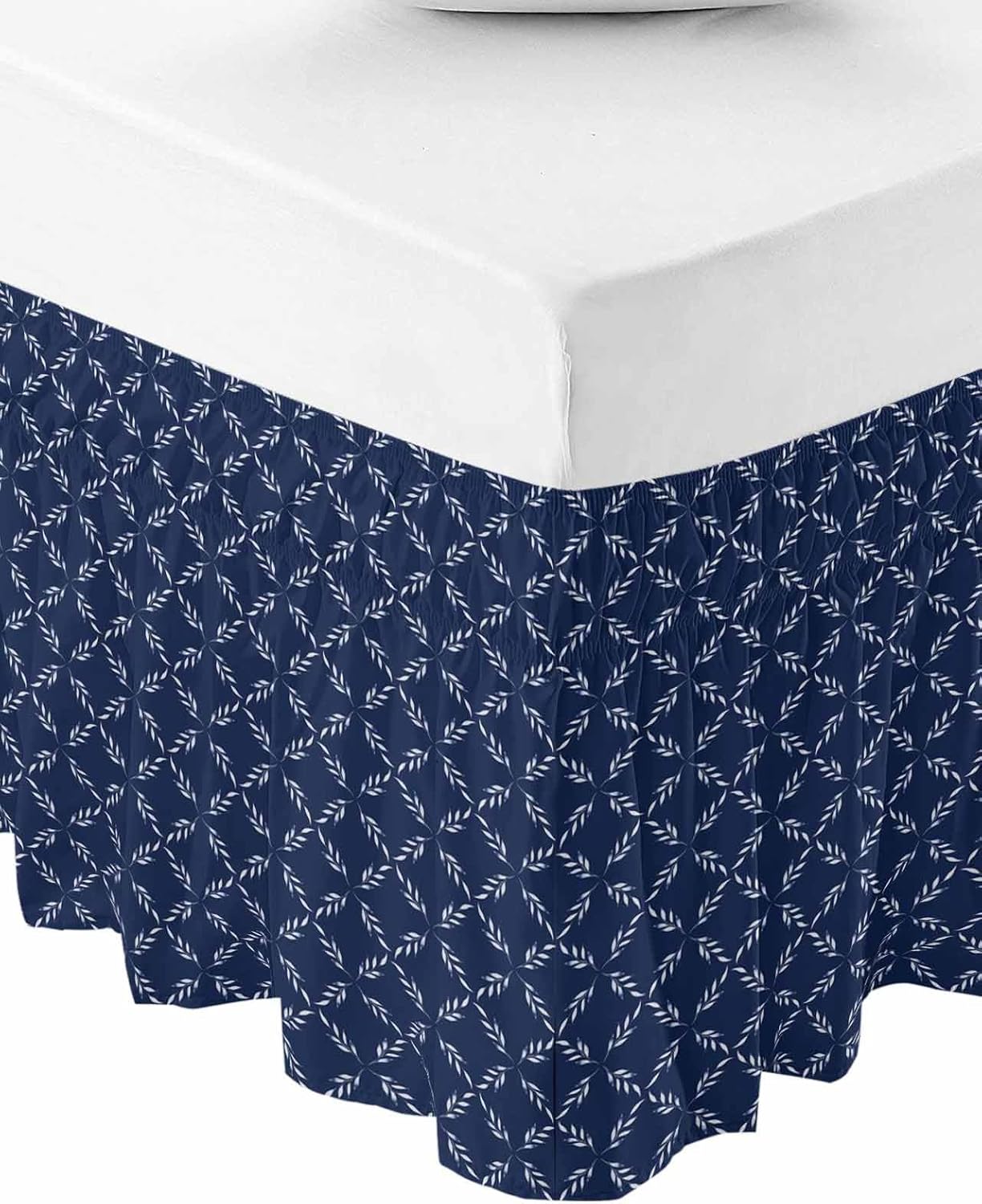 Navy Blue Geometric Bed Skirt Queen Size 16 Inch Drop, Adjustable Elastic Bedskirt Dust Ruffle for Queen Bed, Botanical Modern Abstract Art Wrap Around Bed Skirts Pleated Bed Frame Cover