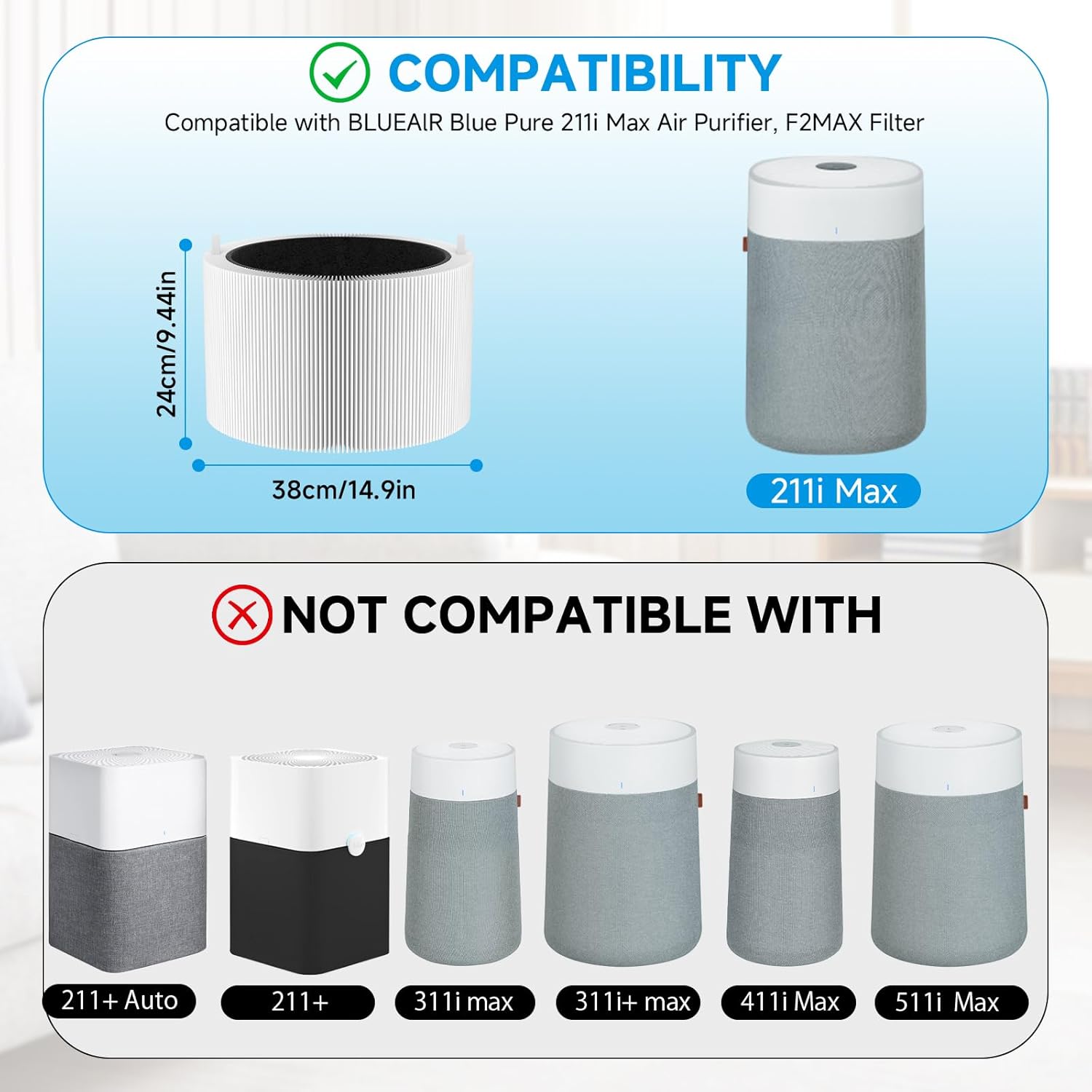 2-Pack Blue Pure 211i Max Replacement Filter Compatible with Blueair 211i Max Air Purifier, 3-IN-1 Ture H13 HEPA & Activated Carbon Replacement Filter, Compared part #F2MAX