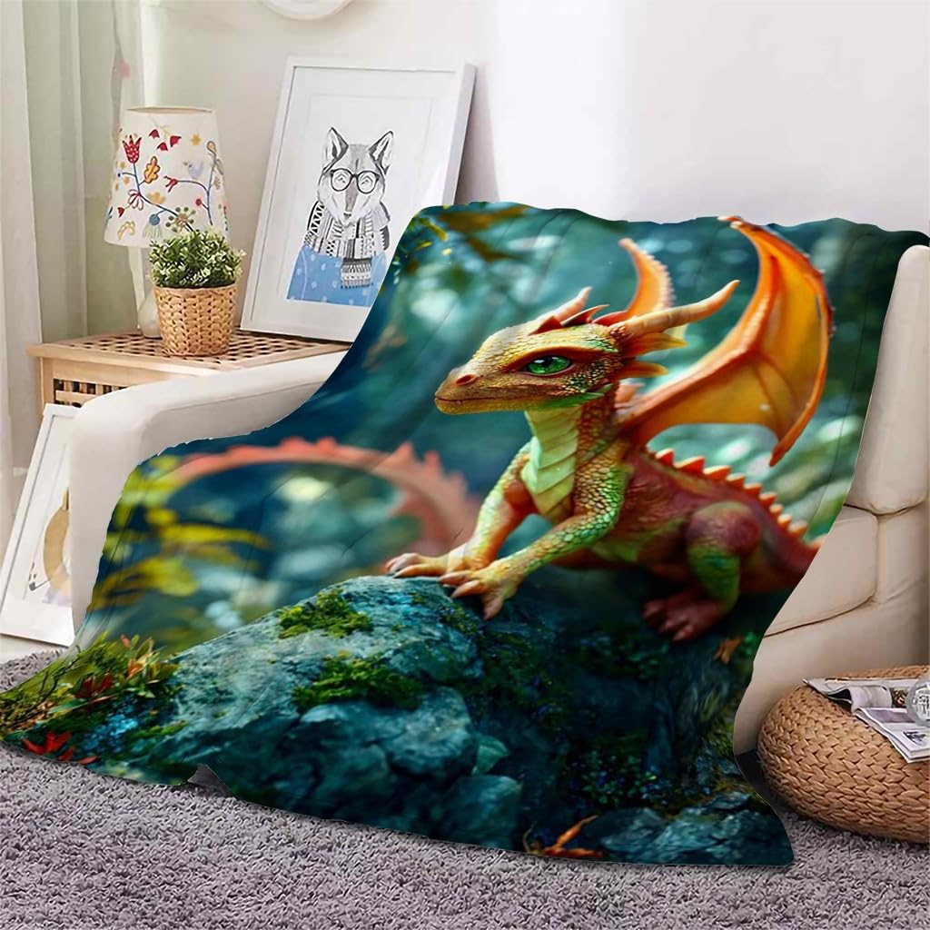 Generisch Puszysty koc do przytulania, żółto-zielony smok, 200 x 200 cm, miękki i dwustronny koc polarowy z nadrukiem 3D, idealny koc na sofę dla wszystkich, przytulny koc na sofę i łóżko AL1283