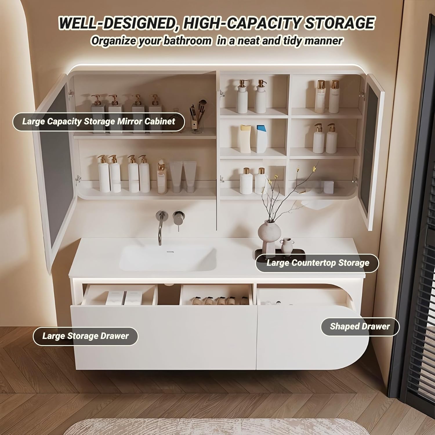 Internal storage view of the LUTHXAY bathroom vanity and mirror cabinet.