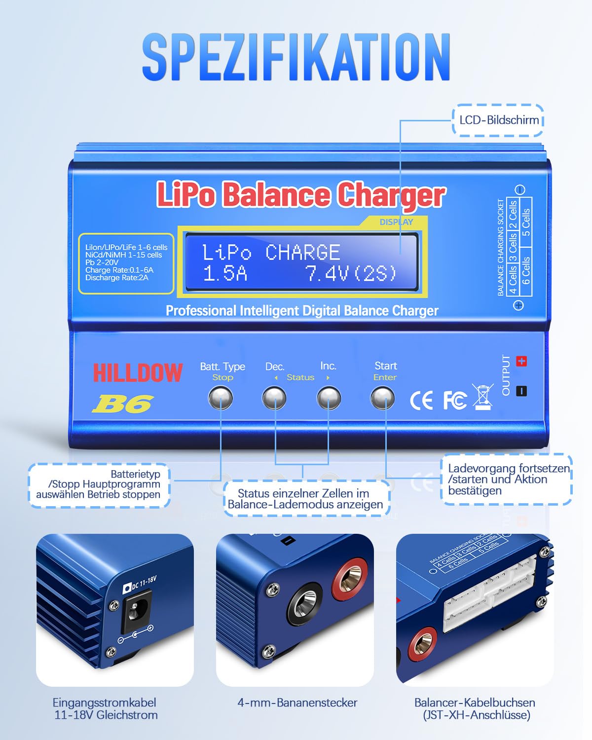 B6 Akku-Balance-Ladegerät, 80W Lipo-Balance-Ladegerät/-Entlader mit Netzteil für NiMH (1–15s), LiPo/Li-Ionen/Life-Akku (1–6s), RC-Hobby-Akkuladegerät, XT-60/JST/T-Anschlüsse