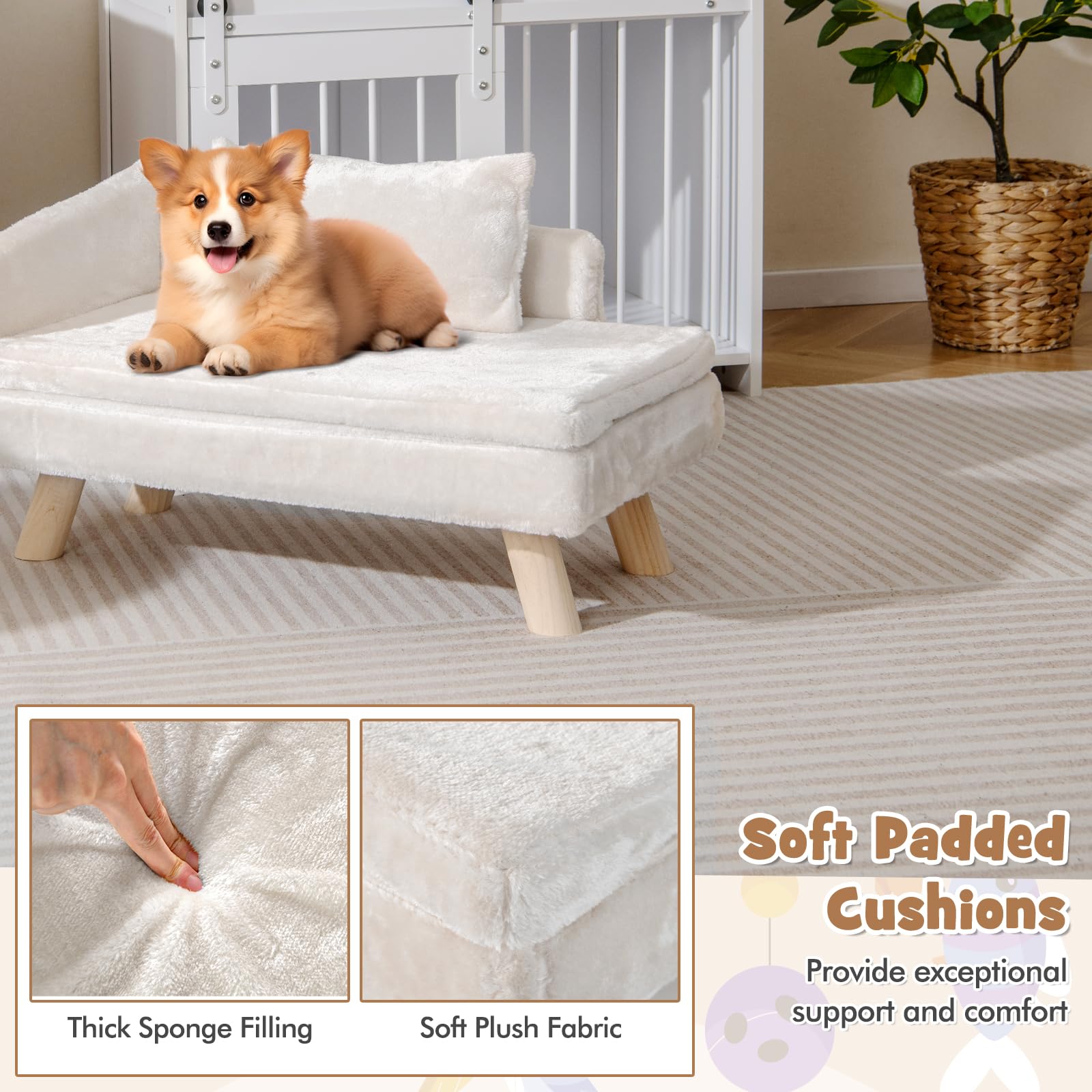 SOARS Canapé pour Chien Chat, Lit Surélevé avec Dossier Haut, Coussin et Pieds en Bois Massif, pour Moyens/Petits Chiens, 71 x 43 x 40 cm, Beige