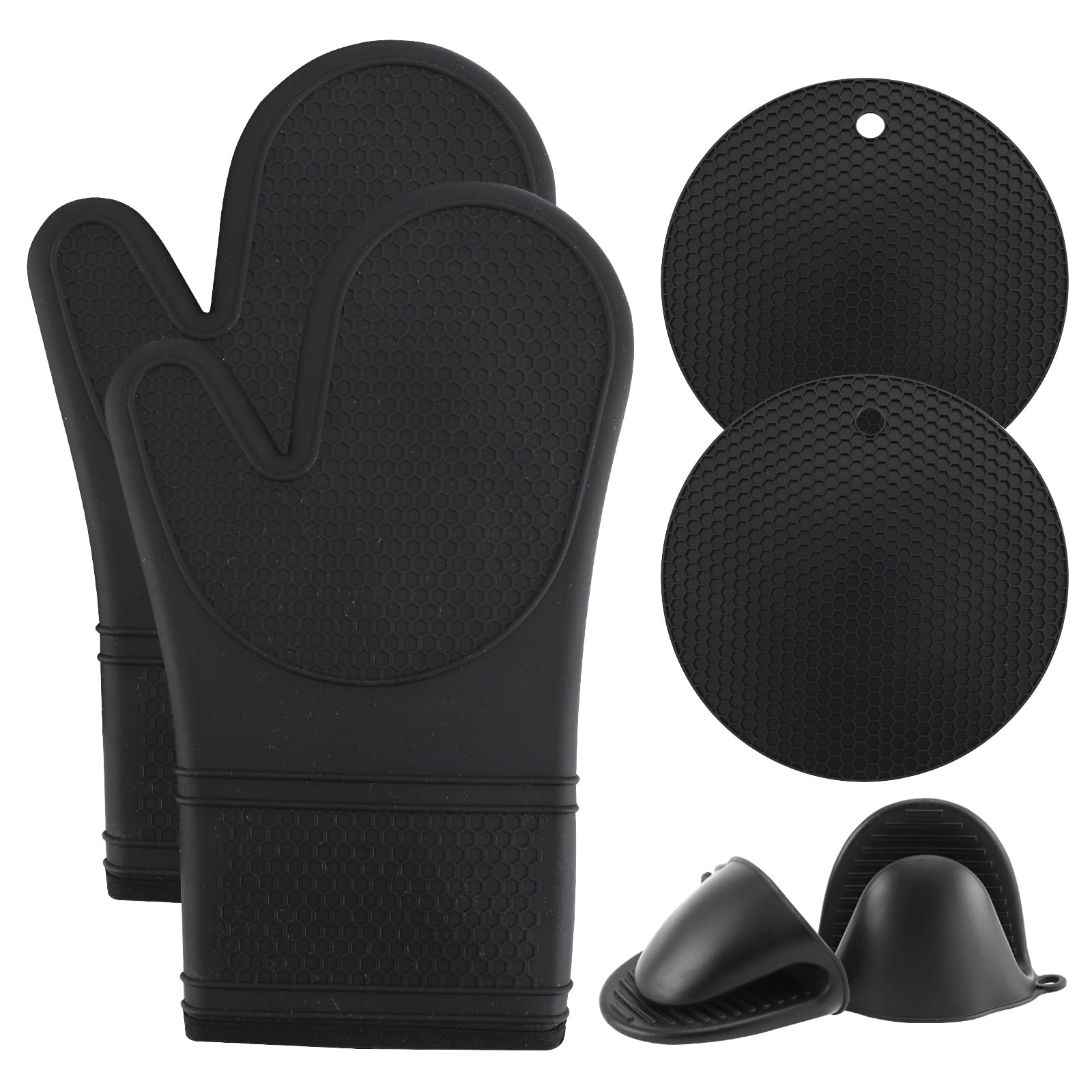 COOK WITH COLOR Silicone Oven Mitts- Heat Resistant Gloves with Soft Quilted Lining Oven Mitt Pot Holders for Cooking and BBQ, Black, Mitt Set