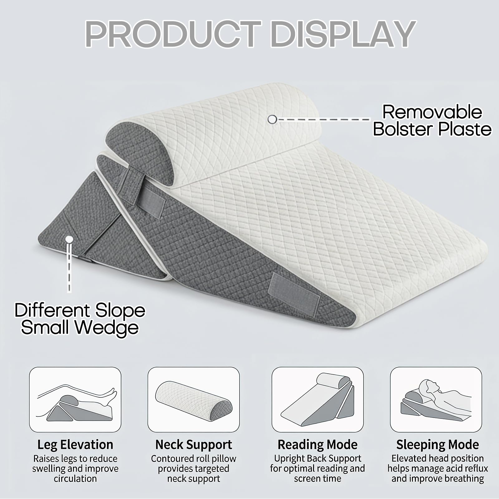 FARYODI Cojín ajustable en cuña para cama y sofá, cojín de reflujo de espuma, cojín de respaldo, para apnea del sueño, lectura, aumento del sueño, almohada de piernas, ronquidos, dolor de espalda