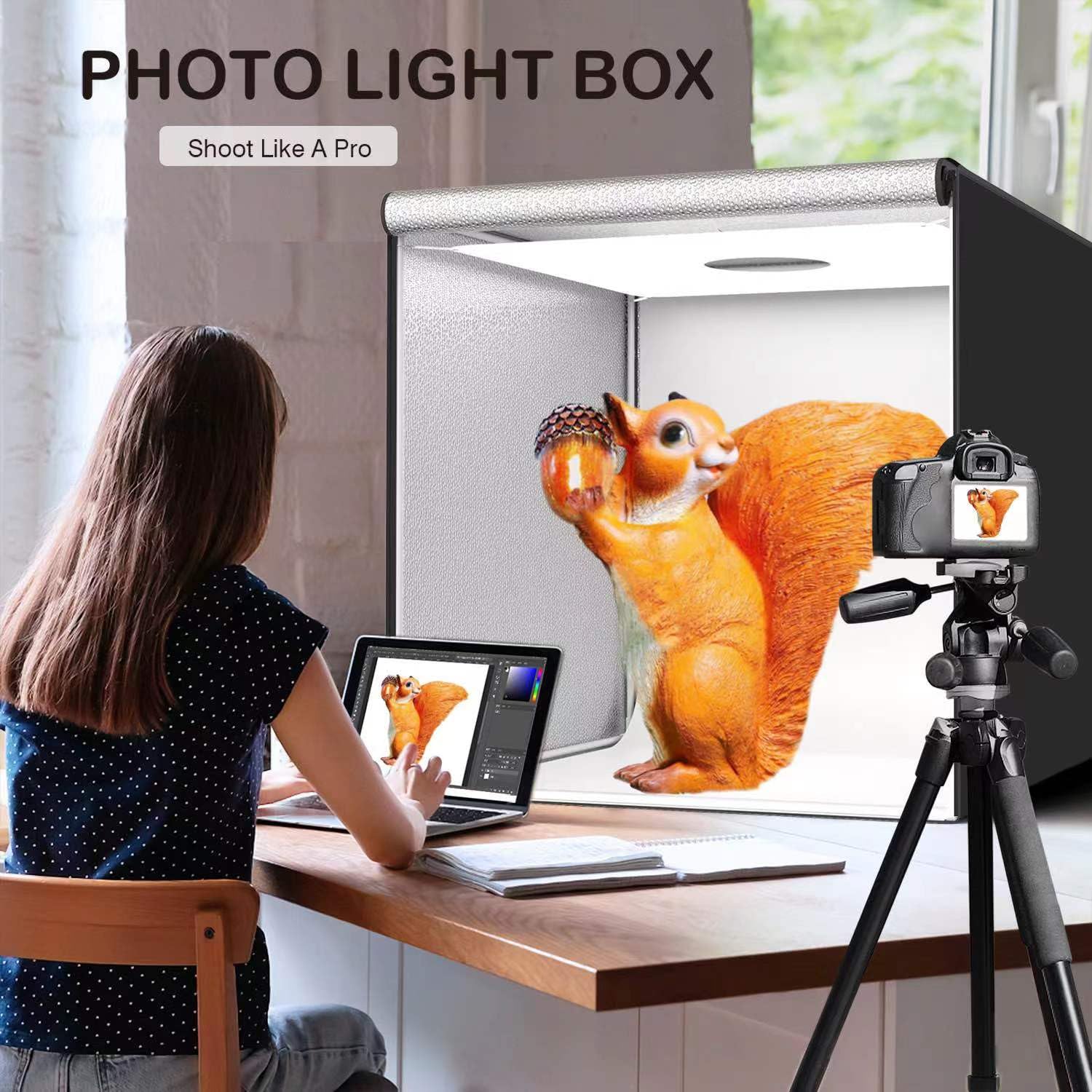 Light Box for Product Photography, Ruikca 32"x32"x32" Large Photo Booth with 210 LED, Photo Background Shooting Tent with 3 LED Light Dimming Panel and 5 Color Backdrops
