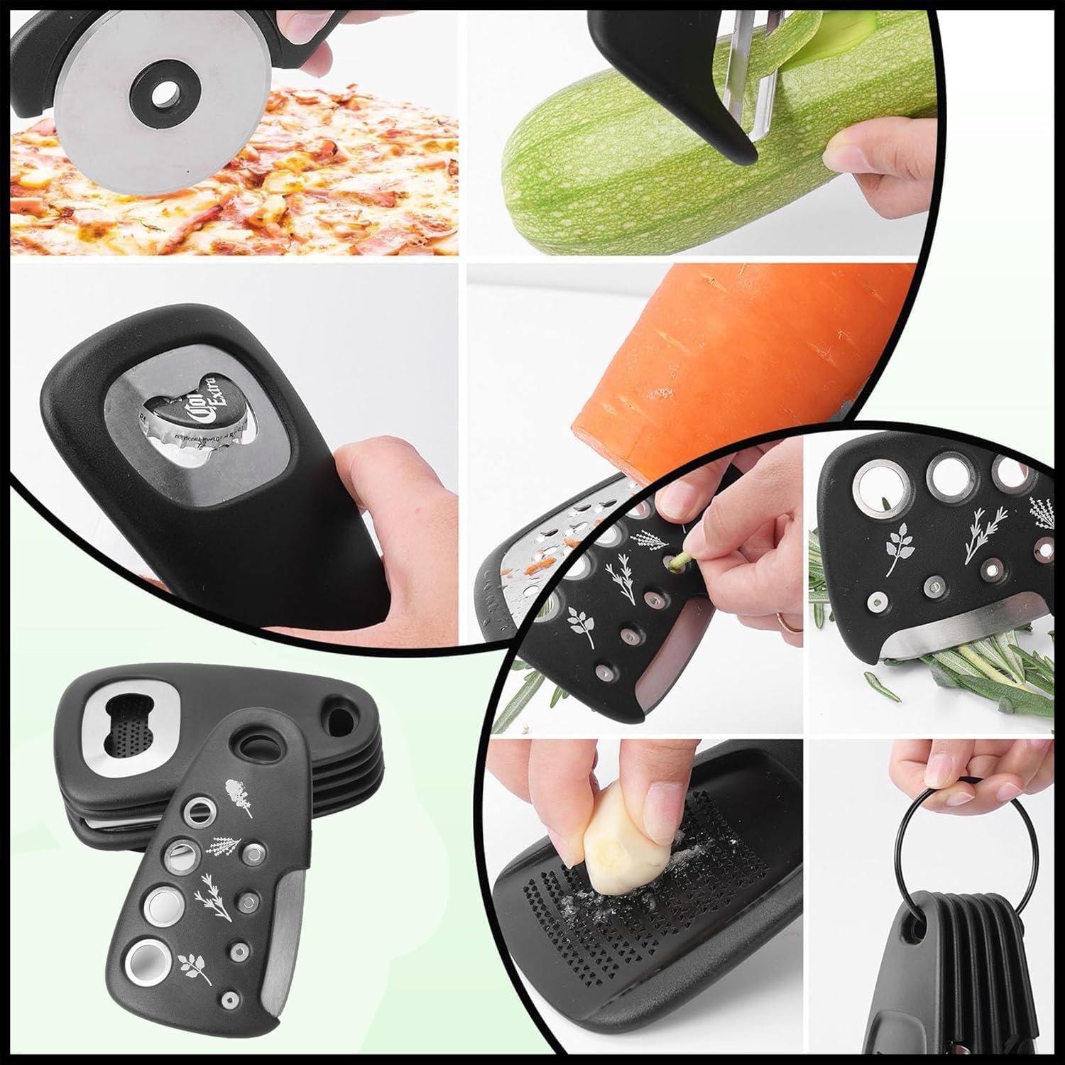 6-in-1 Multifunctional Kitchen Gadget Space-Saving & Easy to Use, Cheese Grater, Bottle Opener, Peeler, Pizza Cutter, Garlic Ginger Grinder & Herb Stripper, All-in-One Cooking Tool & Gift Set 1