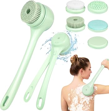 Electric Body Brush, Auto Spinning Back Scrubber for Shower, USB Rechargeable Bath Brush with Dual Long Handle, 5 Replaceable Heads, Waterproof Exfoliating Massage Brush for Skincare, Spa and Bath