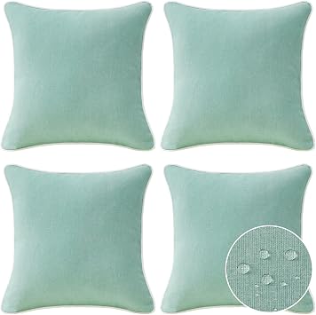 Unimatta Decorative Outdoor Water Repellent Throw Pillows with Inserts, Set of 4, 16" x16" Pillows for Patio, Backyard, Bed, Couch, and Patio Furniture, Aqua Green