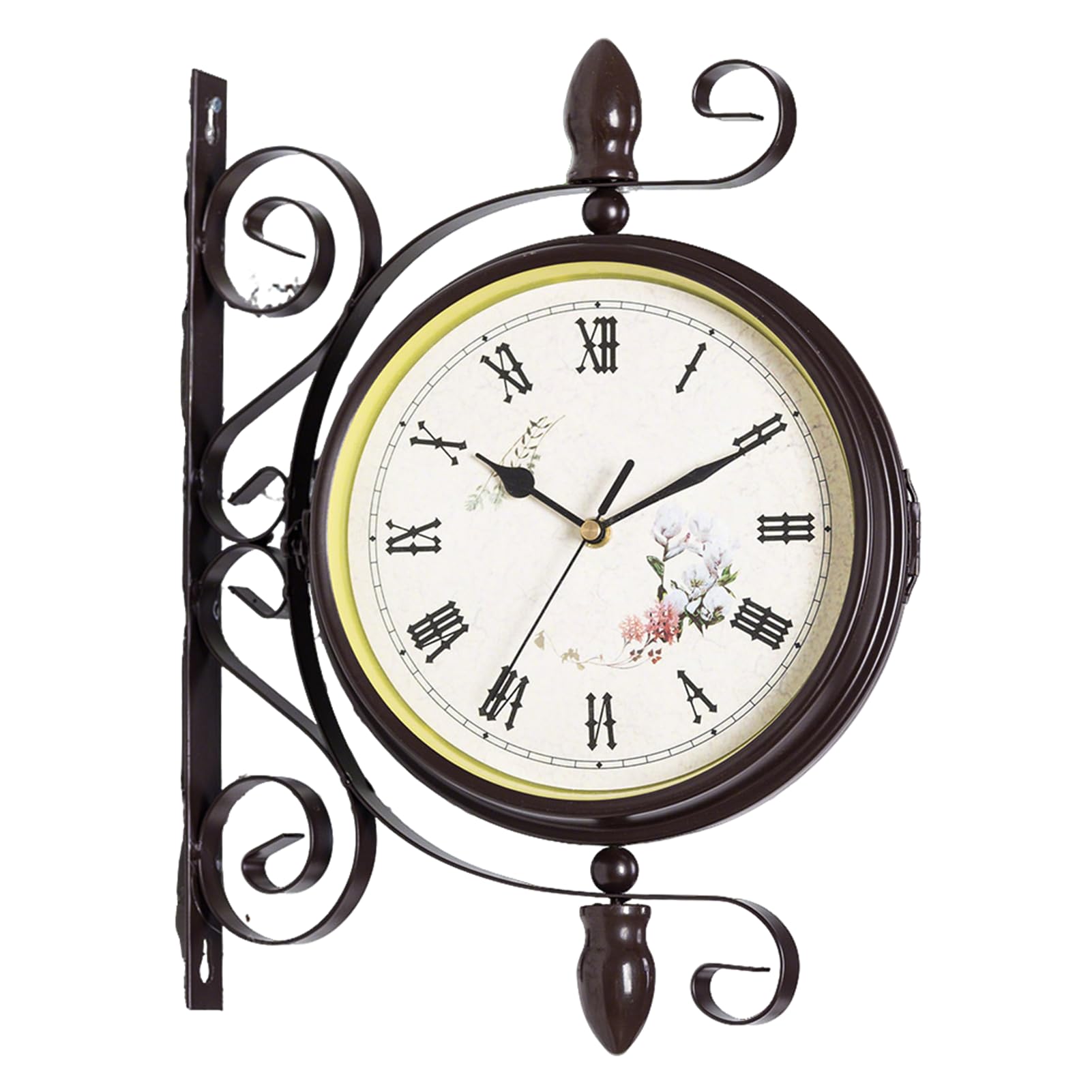 Bahnhofsuhr doppelseitig,Wanduhr im antiken Stil,30 X 40cm,Batterie, Eisen Bahnhof Stil,Metall, Zwei Gesichter,Gartenuhr im Vintage-Stil für Bahnhof, Flur oder Garten (ländlich-Braun)