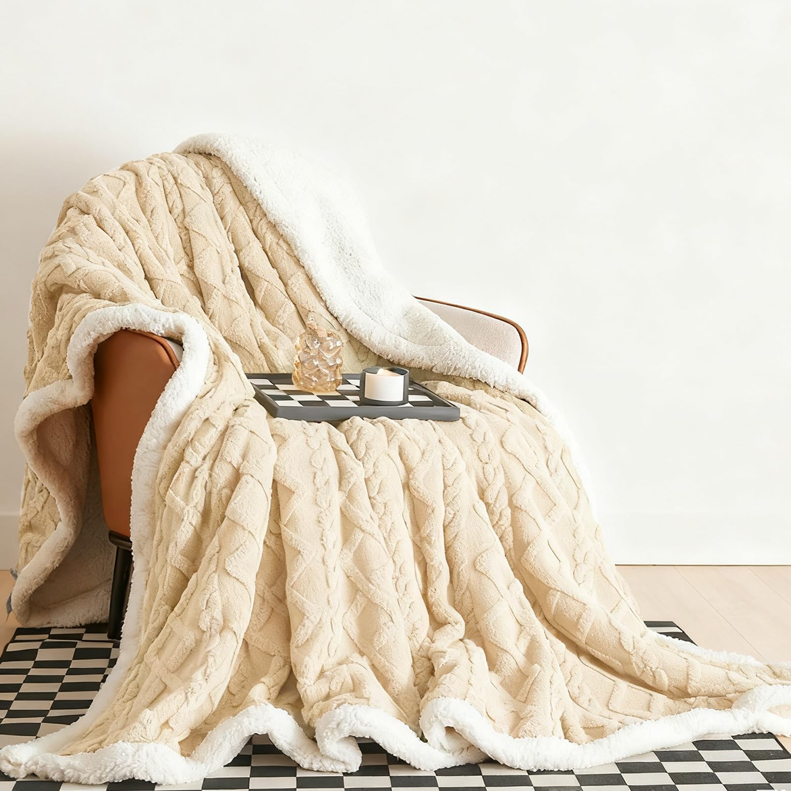 Manta de Franela y Borreguito - Reversible Manta Sofa Invierno para Cama, 100% Poliéster, Suave y Caliente(130×160cm, Beige)