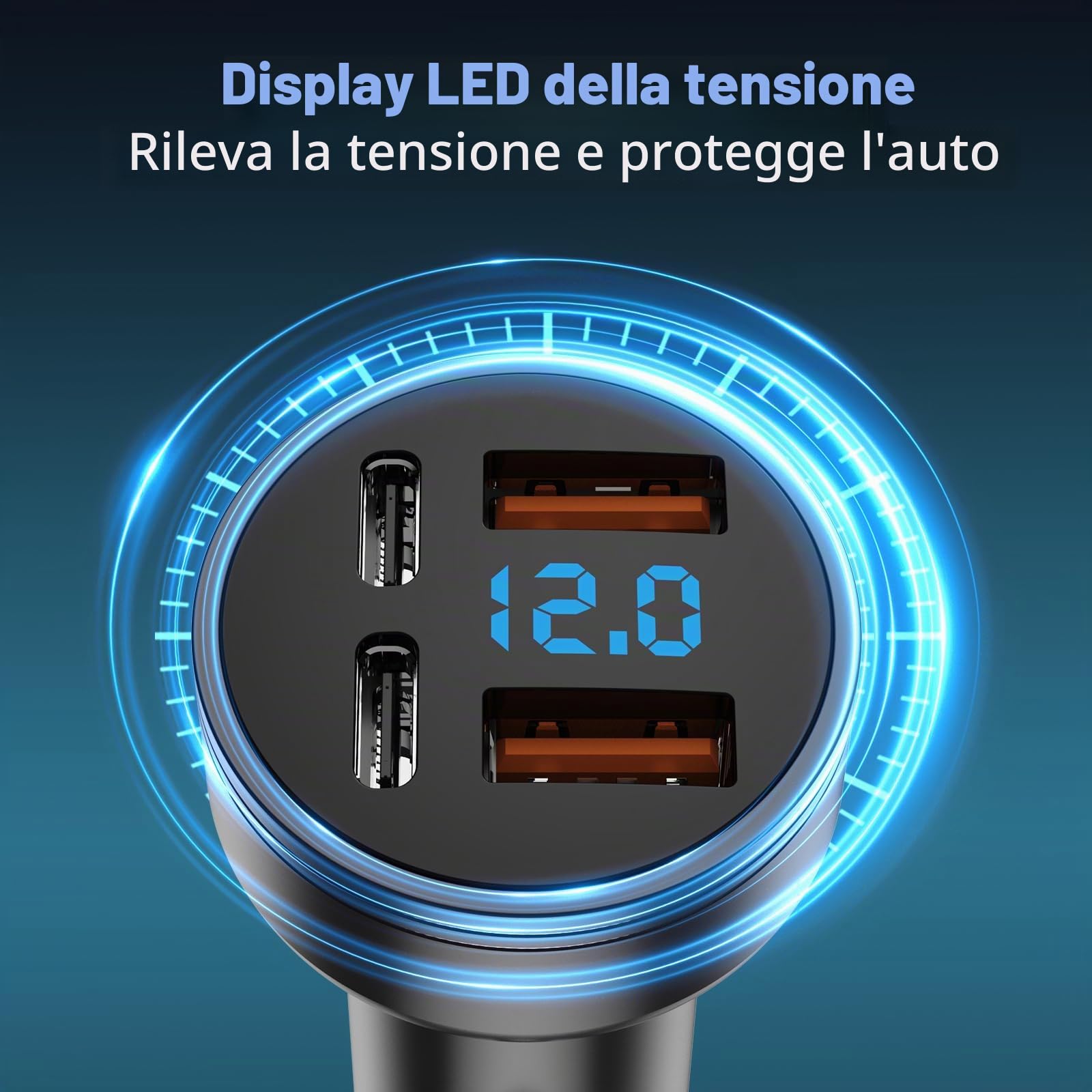 4-Porte Caricabatteria Auto USB C, 126W Accendisigari USB C Adattatore 2*PD+2*QC3.0 USB, Caricabatteria da Auto USB C con Voltmetro LED, Ricarica Veloce per IOS, Android, Compresse