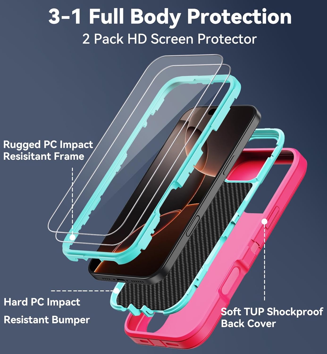 for iPhone 16 Pro Max Case with Built-in Invisible Kickstand,[2* Screen Protector] Military-Grade Protection Shockproof Protective Cover Rugged Stand Phone Case for iPhone 16 Pro Max (Pink) - Image 3