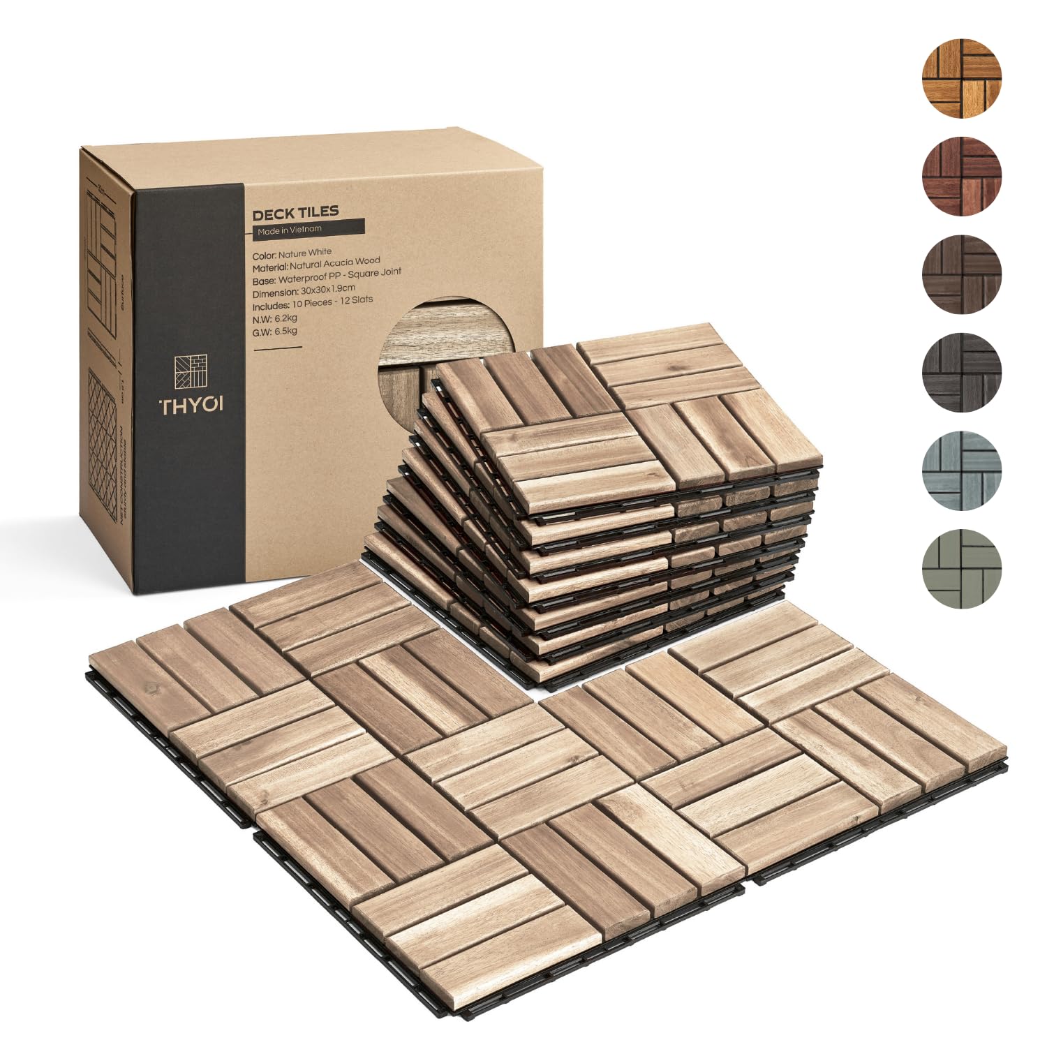 Premium Deck Tiles, Patio Flooring - Outdoor Waterproof Acacia Wood | White Crossed Pattern