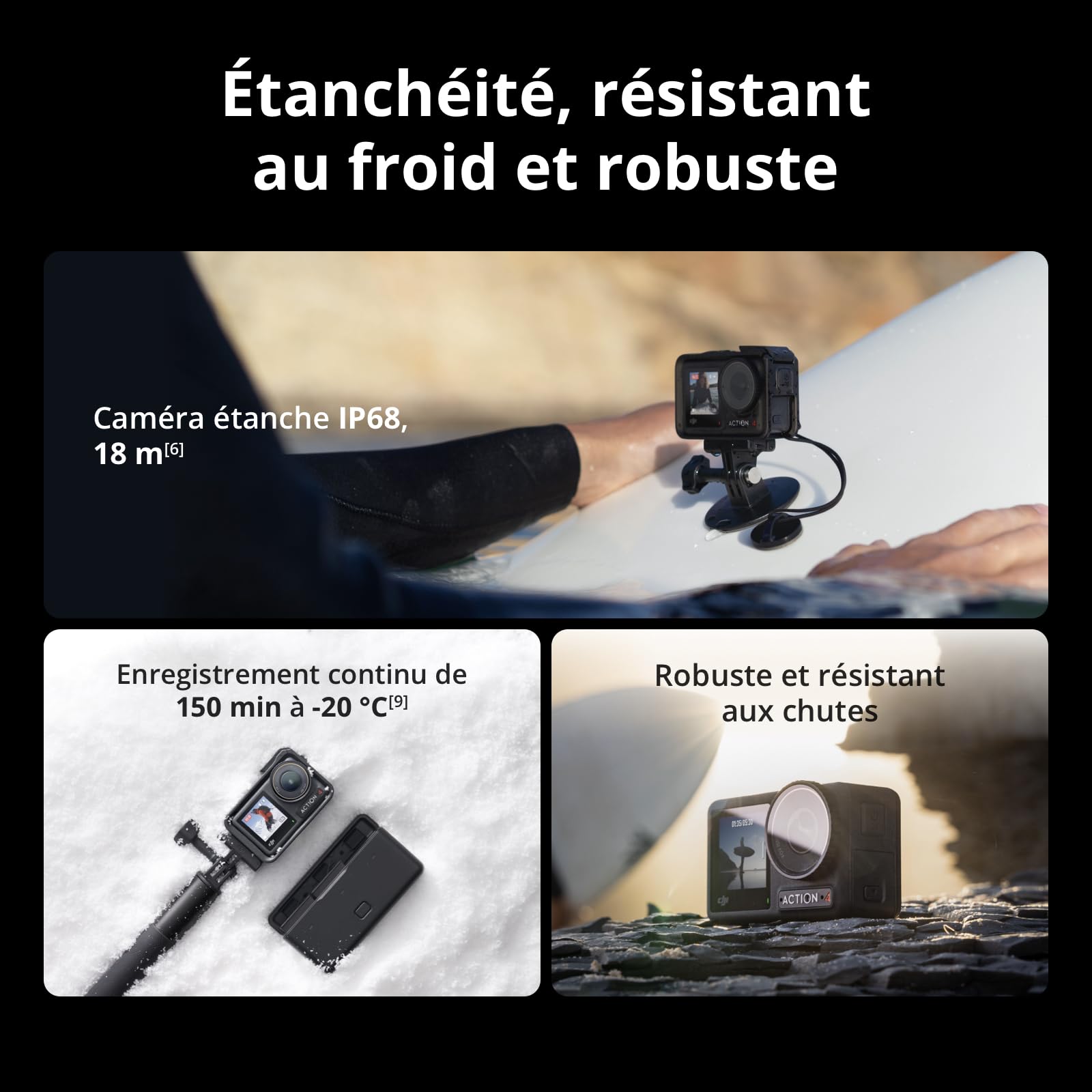 Bundle DJI Osmo Action 4 Essentiel - Caméra d’Action étanche 4K/120 IPS avec capteur 1/1,3 Pouce, des Images saisissantes en Basse lumière, des Couleurs D-Log M 10 Bits, Batterie 1 770 mAh prolongée