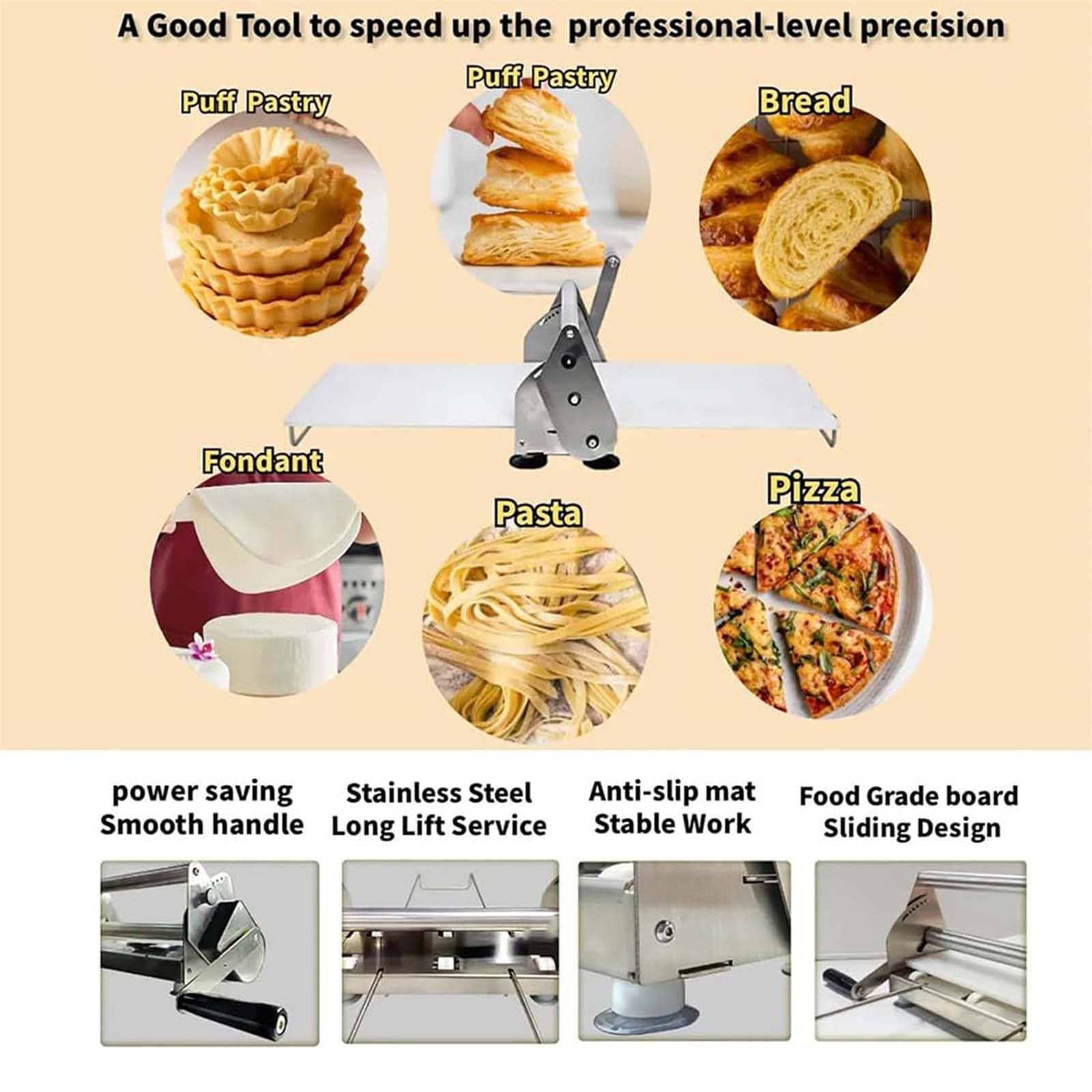 Máquina laminadora de masa manual, rodillo de repostería de acero inoxidable con grosor ajustable para panadería, pizza, croissant, 830 x 480 x 250 mm