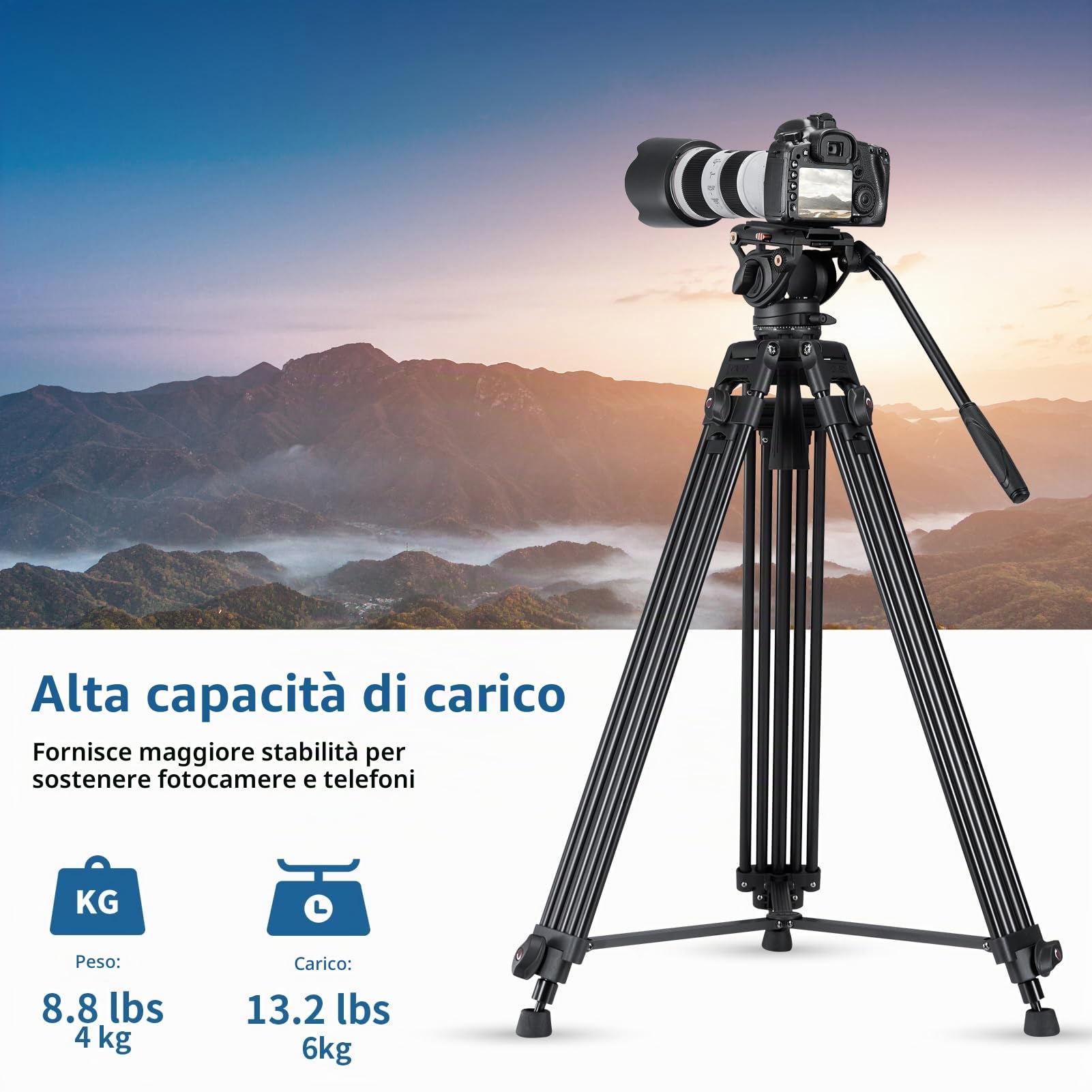 Cayer Treppiede video da BV30 per fotocamera in lega di alluminio con testina di trascinamento del fluido a 360°, piastra QR compatibile con Canon Nikon Sony e videocamere DSLR, carico fino a 8kg