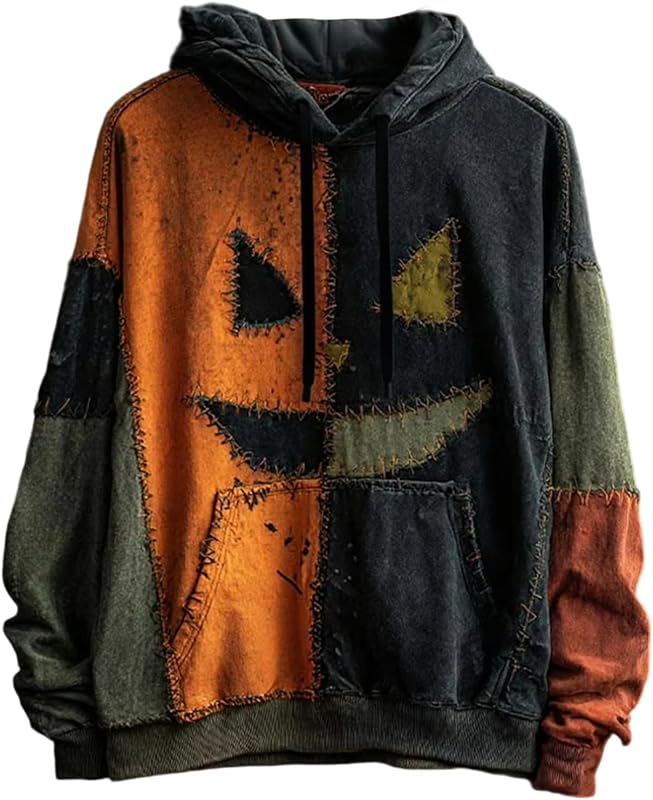 Mens Halloween Novelty Hoodie Long Sleeve Colorblock Creepy Smile Stitched Graphic Casual Tops