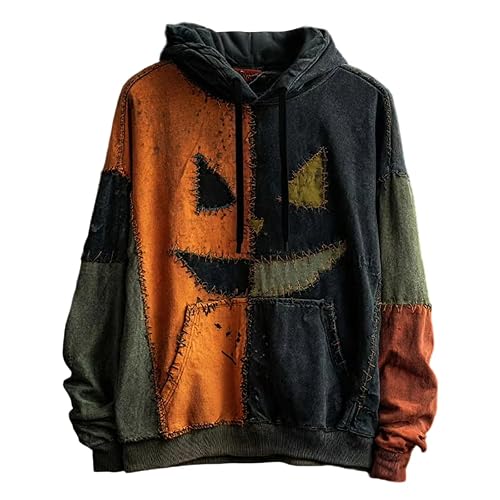 Mens Halloween Novelty Hoodie Long Sleeve Colorblock Creepy Smile Stitched