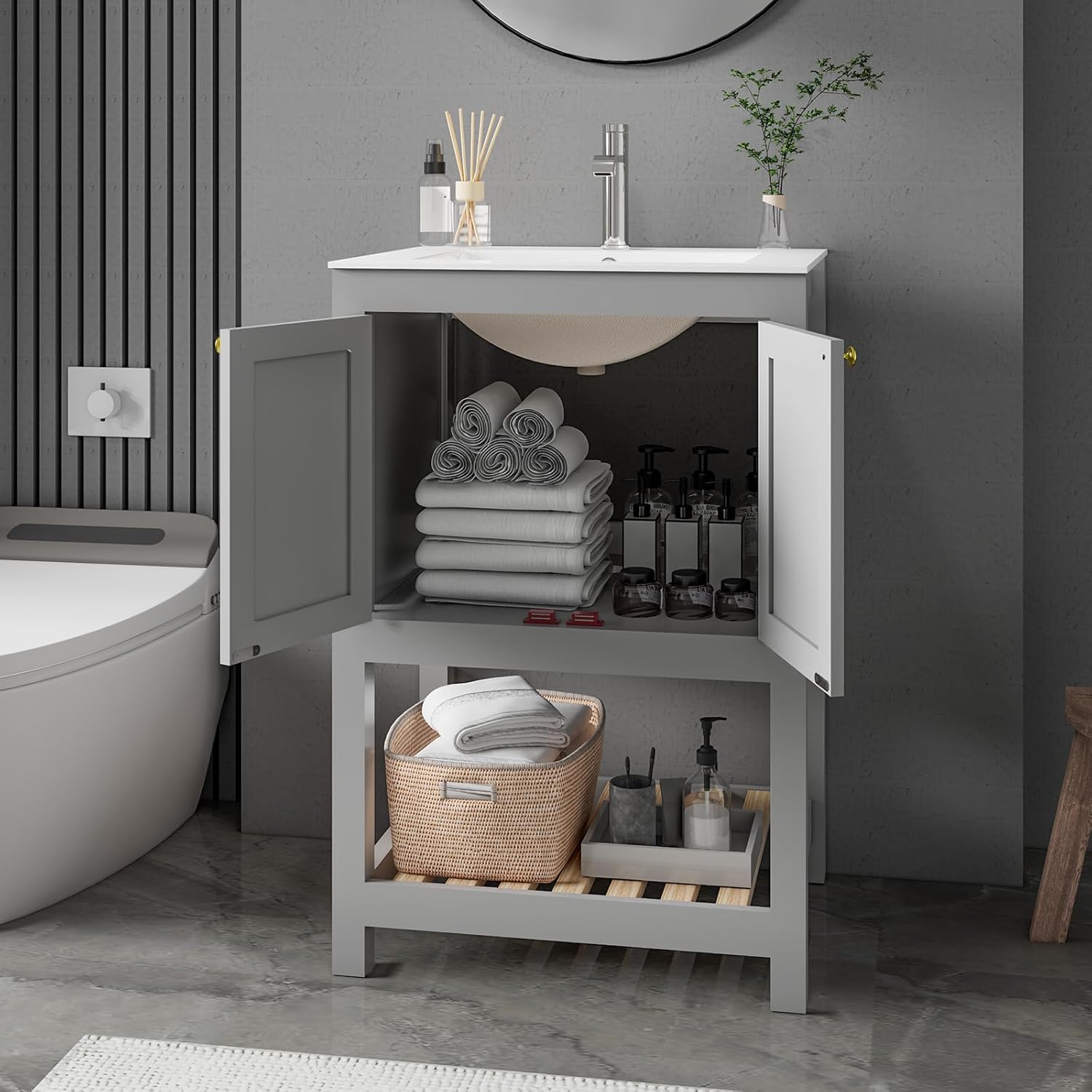 24 Inch Bathroom Vanity with Sink,Modern Freestanding Cabinet with Open Storage Shelf, Bathroom Sink Cabinet with 2 Doors and 1 Open Shelf (Grey, 24 inches)
