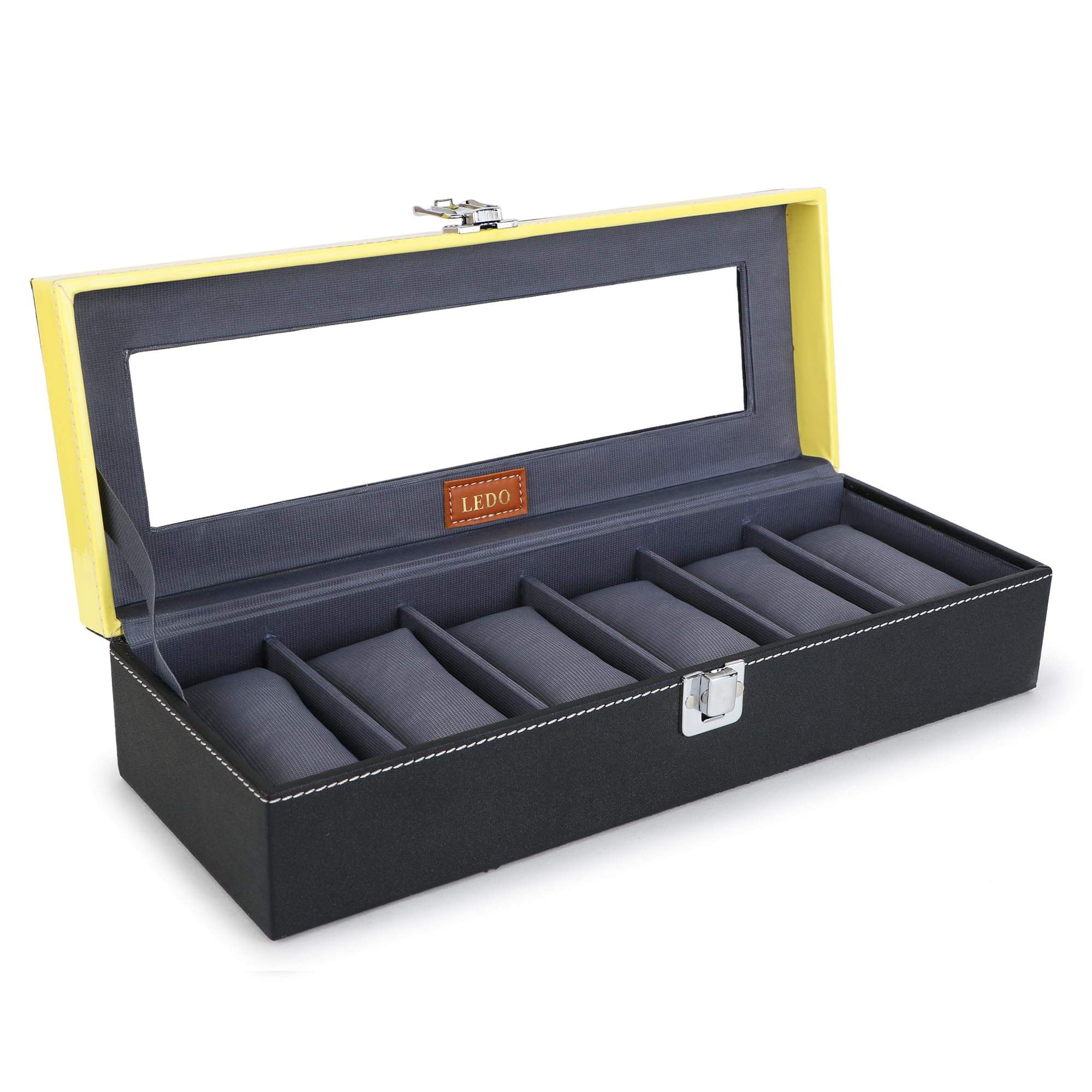 LEDO Faux Leather Watch Case Box Organizer In 6 Slots Of Watches With Transparent Look Black&Gray Color