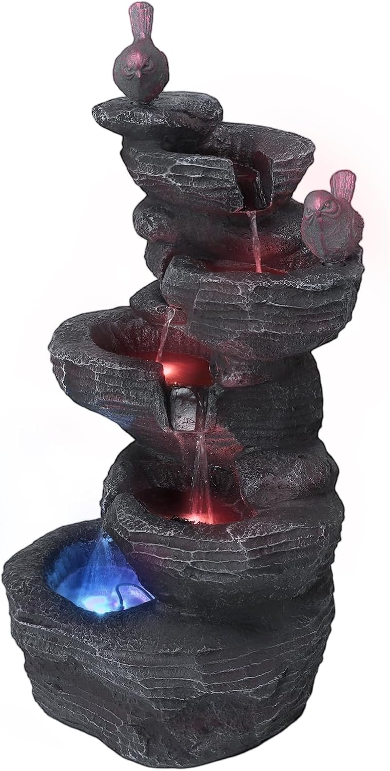 Generic Cascading Water Fountain with LED Lights Resin Stone Imitation Waterfall Tabletop Fountain Relax Meditation Decor for Home Office