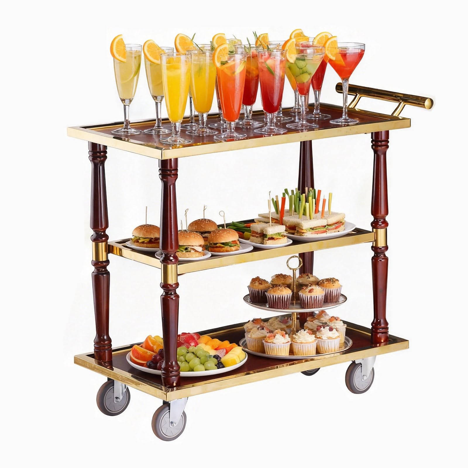 Wózek Kuchenny Do Serwowania, 3-Poziomowy Wózek Kuchenny Na Kółkach Ze Schowkiem, Nóżki Poziomujące, 44 X 81 X 94 Cm, Kolor Tytanowo-Złoty